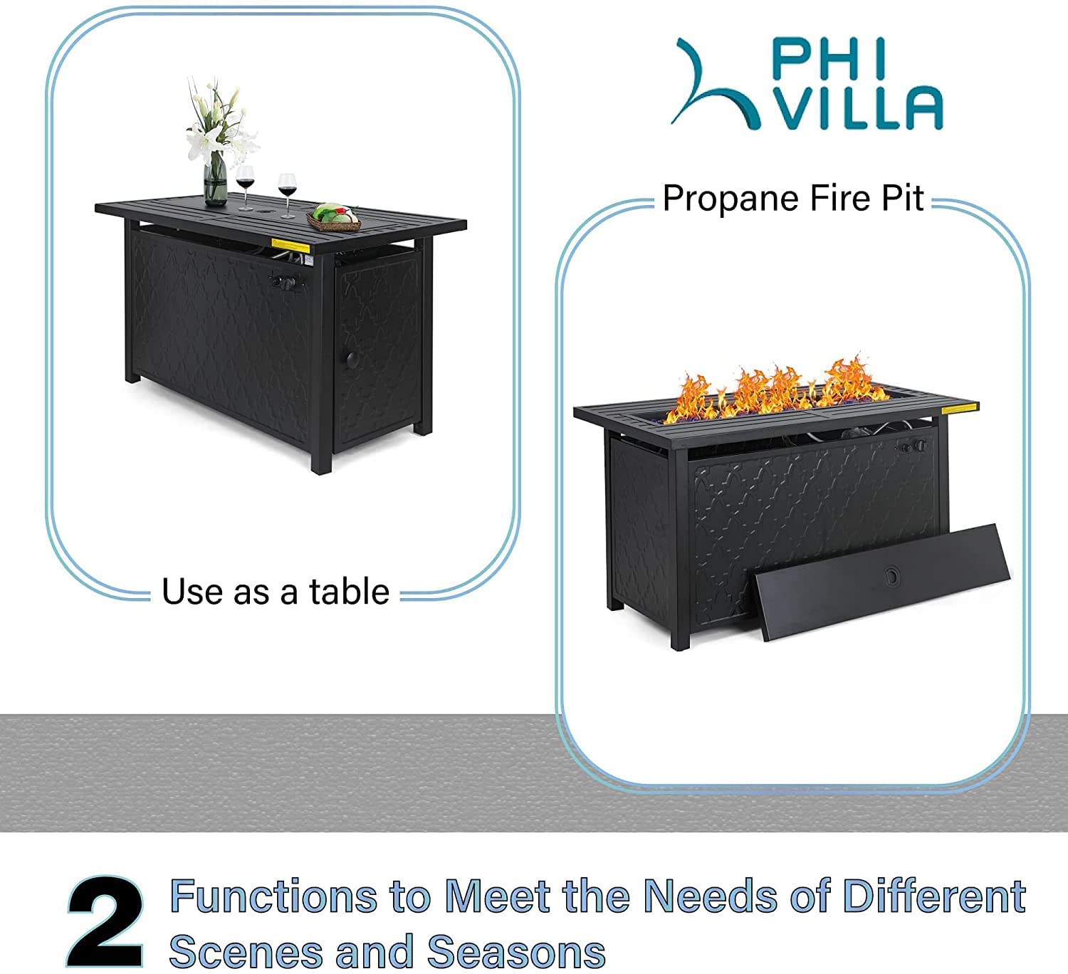PHI VILLA 45-Inch Large Rectangular Outdoor Propane Fire Pit Table - 50,000 BTU Patio Heater with Lid & Blue Fire Glass - Perfect for Backyard, Deck, Garden Gatherings (Black)