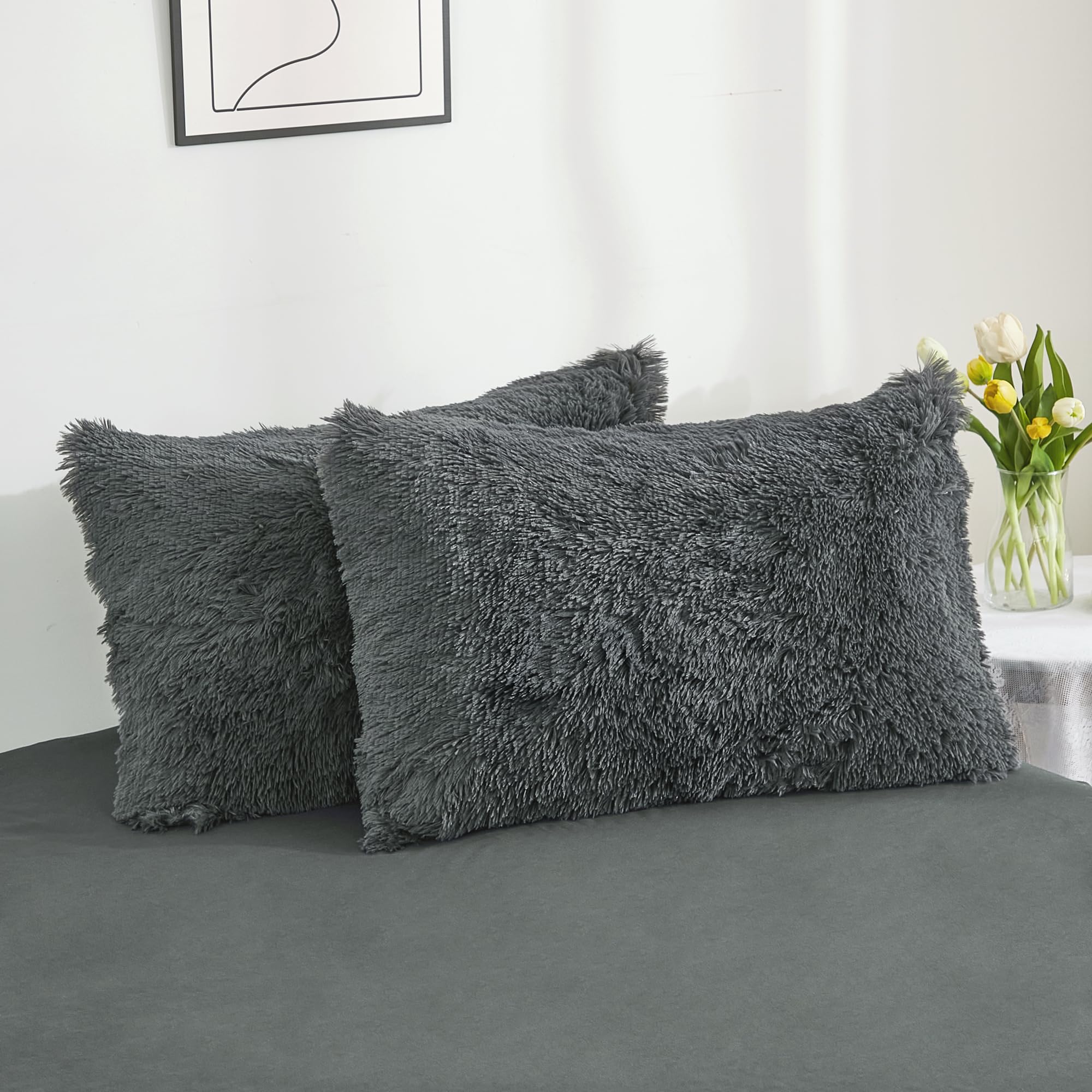 Luxury Dark Gray Plush Shaggy Duvet Cover Set King Size - Ultra Soft Fuzzy Faux Fur Bedding with Zipper Closure (3pc: 1 Duvet Cover + 2 Pillowcases) - Cozy Winter Bedroom Upgrade for Master Suite, Guest Room & Dorm Decor