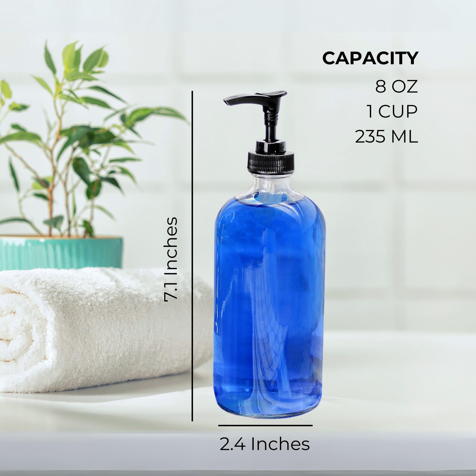 Premium 8oz Clear Glass Pump Bottles (4-Pack with Black Plastic Pumps) - Essential Oil Dispensers, Lotion Containers, Soap Bottles for Bathroom, Kitchen & Home Decor | Durable Leak-Proof Design