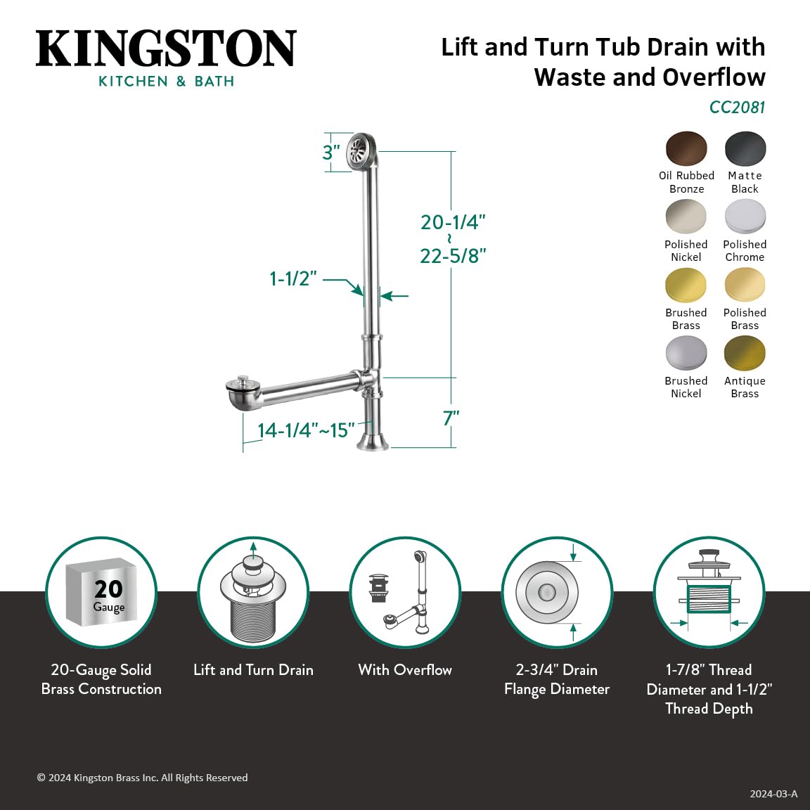 Elements of Design Essentials DS2085 Oil Rubbed Bronze Clawfoot Tub Waste and Overflow Drain Kit - Vintage Bathroom Fixture for Freestanding Bathtubs