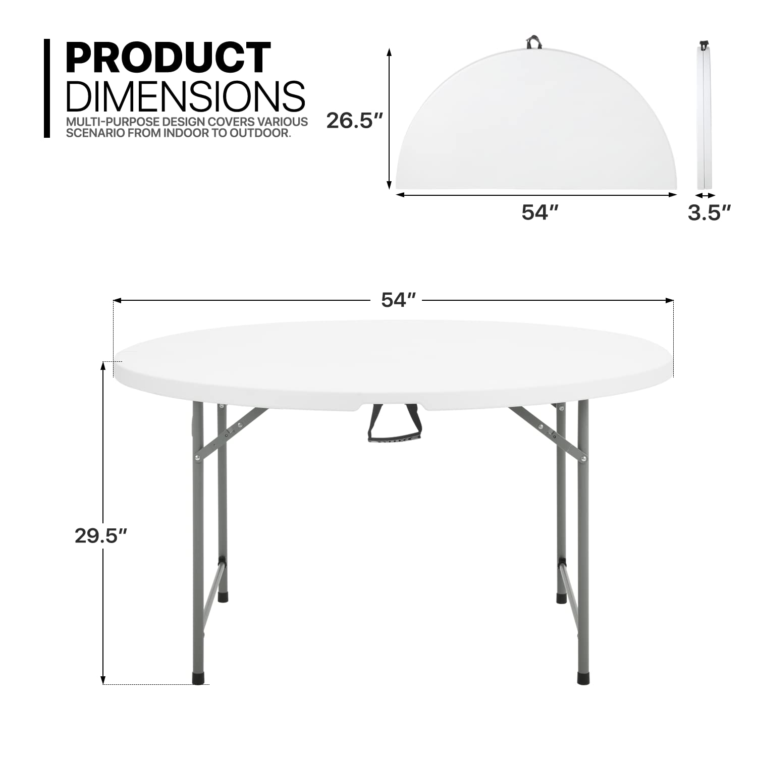 MoNiBloom 4.5Ft Round Folding Table - Portable Plastic Dining Table with Handle & Lock for Indoor Outdoor Use - Perfect for Picnic, Party, Banquet, Wedding (White)