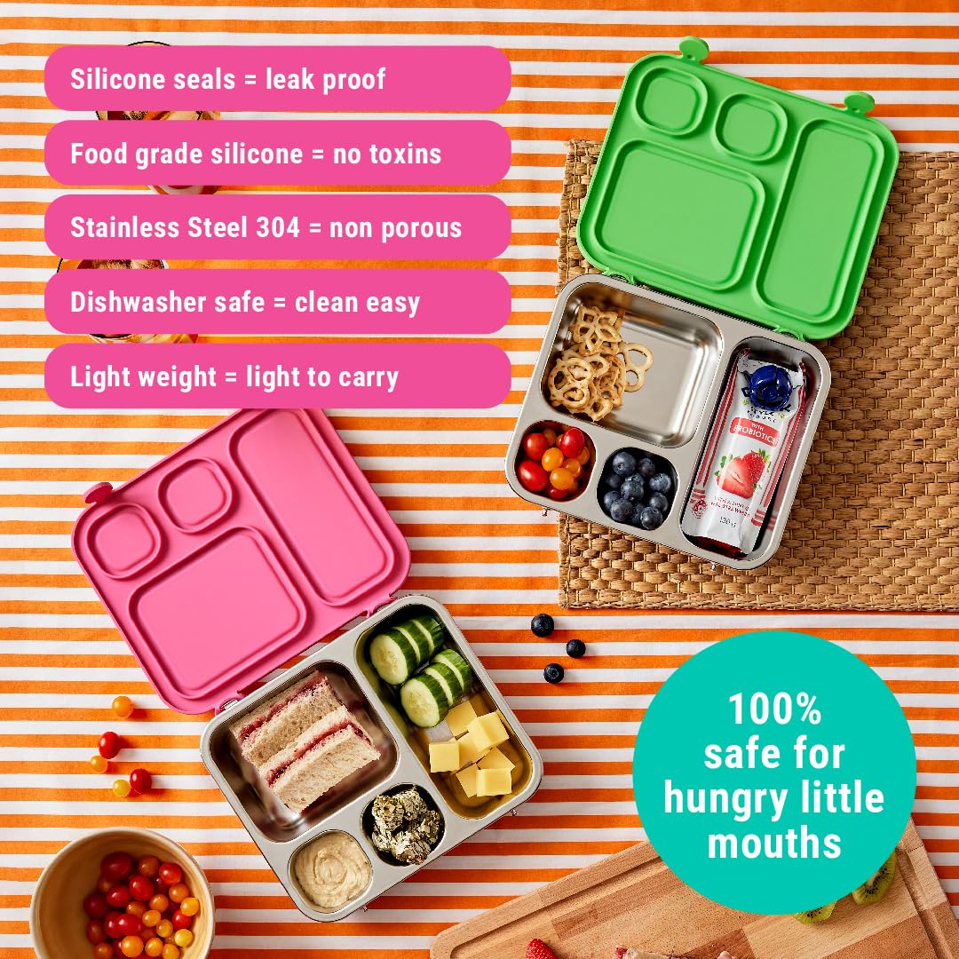 Elk and Friends Kids Stainless Steel Bento Box with Silicone Lid - Leak-proof 4 Compartment Lunch Container for Toddlers | Dishwasher Safe | Perfect for School, Picnics & Travel