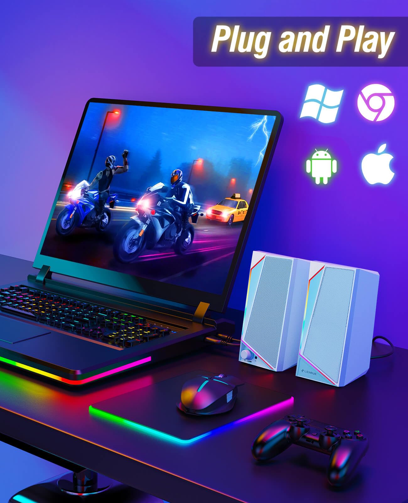 LENRUE USB Computer Speakers with Stereo Sound | USB-C & USB Powered PC Speakers for Desktop, Laptop, Monitor | Includes Headphone Jack & USB-C Adapter | Perfect for Home Office, Gaming & Streaming
