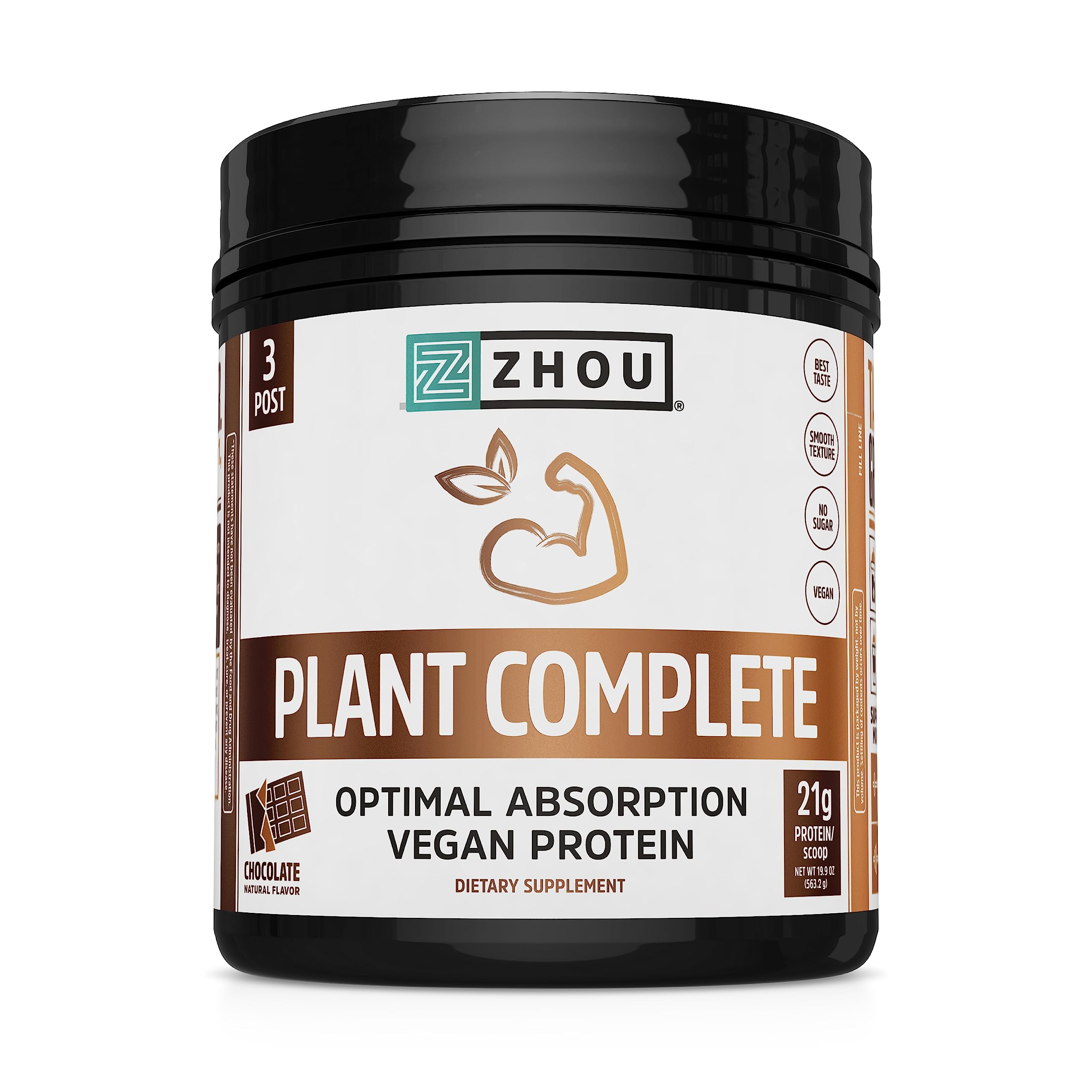Zhou Nutrition Vegan Protein Powder - Plant Based, Dairy Free, Soy Free, Gluten Free, Sugar Free - 21g Protein per Serving, Complete Amino Acid Profile, Easy Absorption & Digestion - Chocolate Flavor (16 Servings) - Perfect for Post-Workout Recovery, Smoothies & Healthy Breakfast