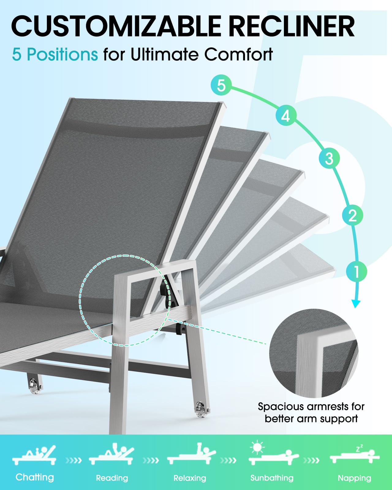 **2-Pack Adjustable Aluminum Patio Chaise Lounge Chairs with Wheels & Armrests - 5-Position Recliner for Poolside, Beach, Deck, Yard - Dark Gray Outdoor Relaxation**    *(Use for sunbathing, reading by the pool, or lounging in your backyard!)*