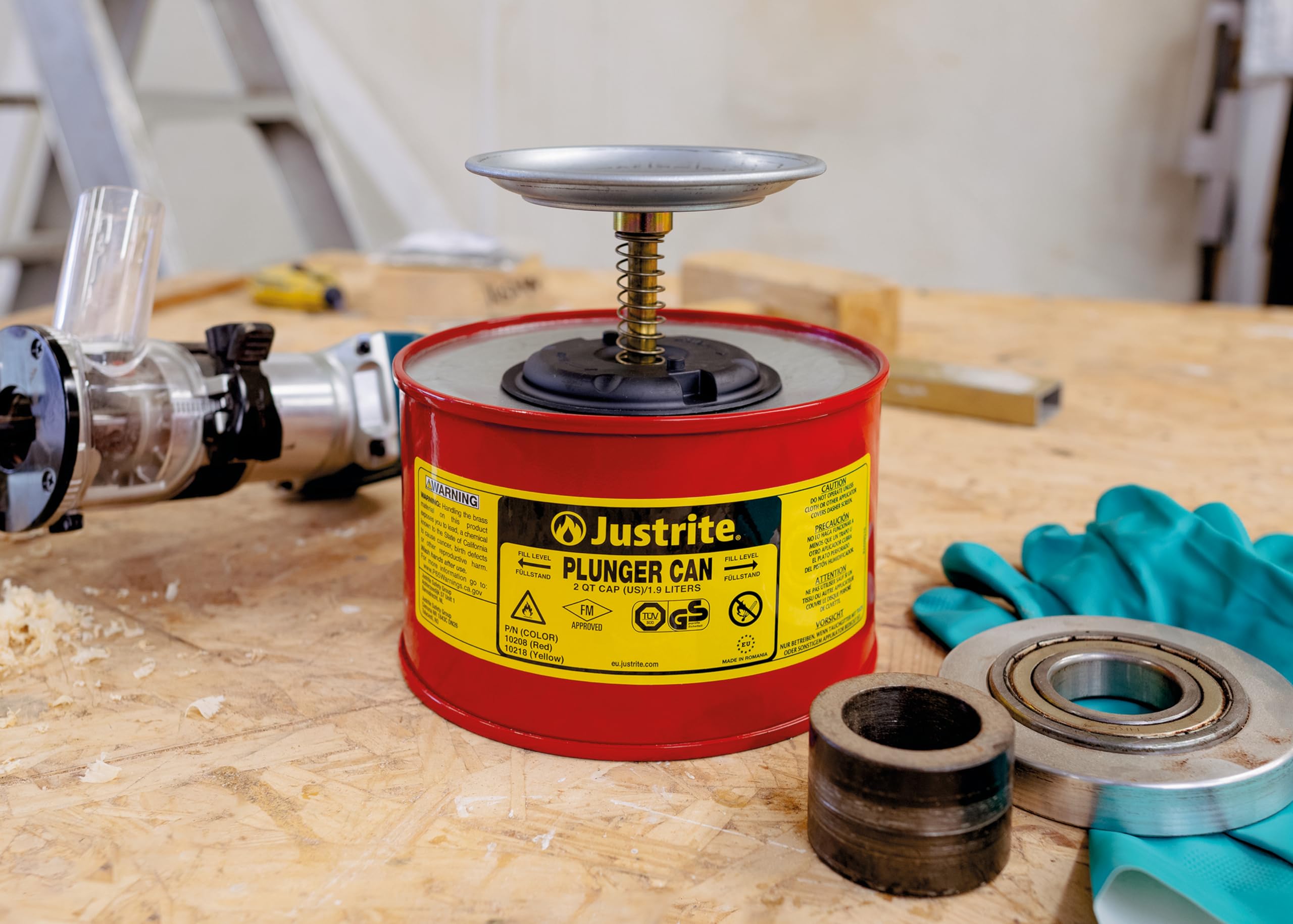 Justrite 2-Quart Steel Push-Down Solvent Dispenser Can - Industrial Solvent Storage & Dispensing Solution for Workshops & Garages | Made in USA | Red (Model 10208) | Ideal for Automotive, Painting & Industrial Cleaning Applications