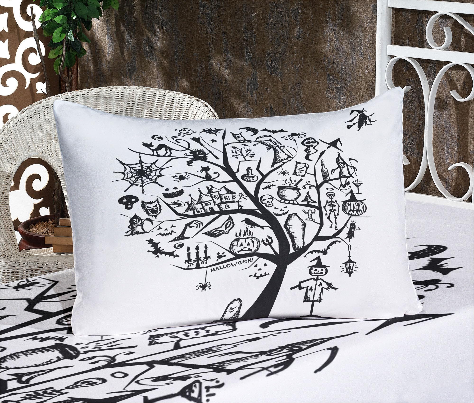 Ambesonne Halloween Fitted Sheet & Pillow Sham Set - Spooky Tree & Witch Broom Design, 2-Piece Twin Size Black White Bedding Set | Perfect for Halloween Decor, Themed Bedrooms & Spooky Sleepovers