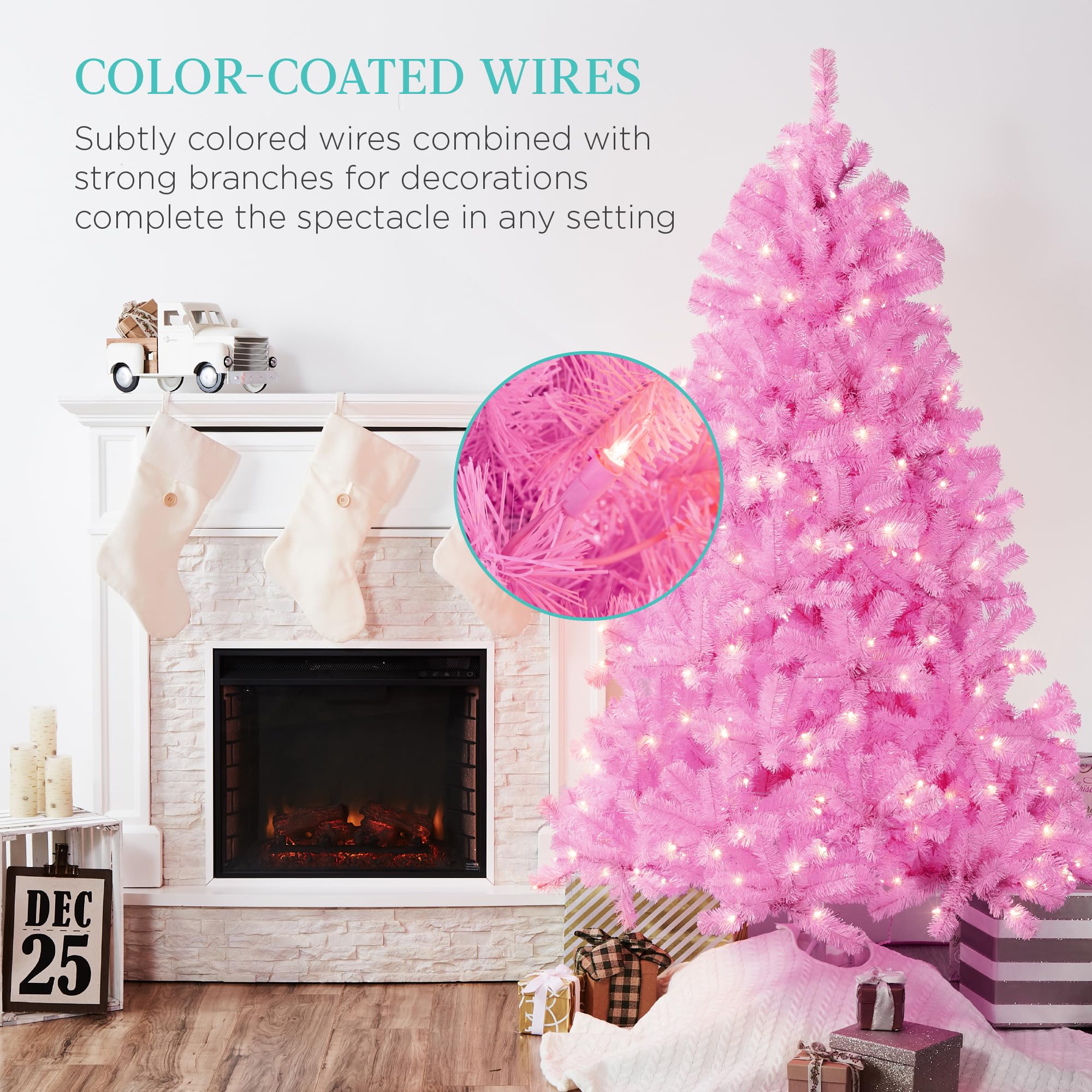 Best Choice Products 6ft Pre-Lit Pink Artificial Christmas Tree with 250 LED Lights - 947 Branch Tips, Metal Hinges & Foldable Base - Perfect for Home, Office, Party & Holiday Decorations
