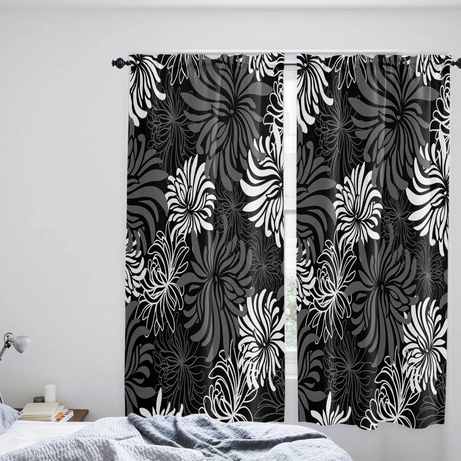 72 Inch Floral Window Curtains for Living Room & Bedroom - Grey White Chrysanthemum Pattern, Rod Pocket Blackout Drapes (52