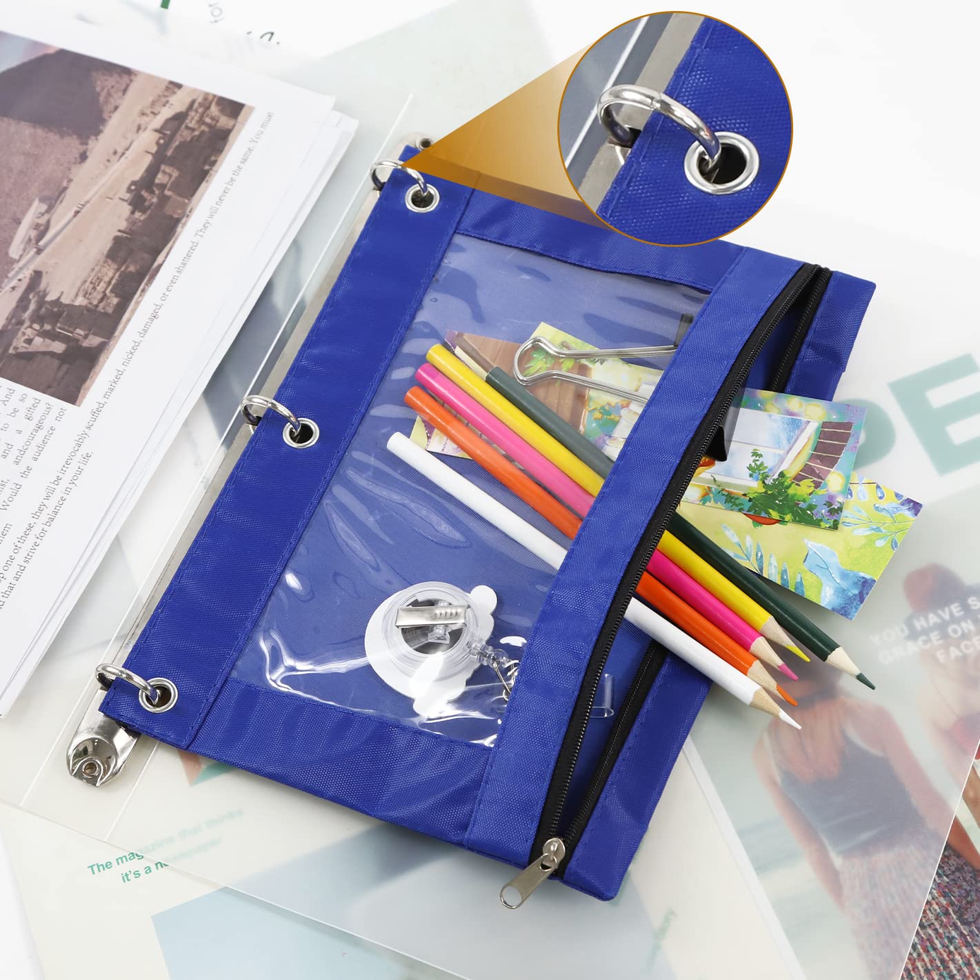Yoeejob 3 Pack Blue Zippered Pencil Pouch for 3 Ring Binder - Clear Window Pen Holder Case for School, Office & College Organization (Perfect for Students, Teachers & Professionals)