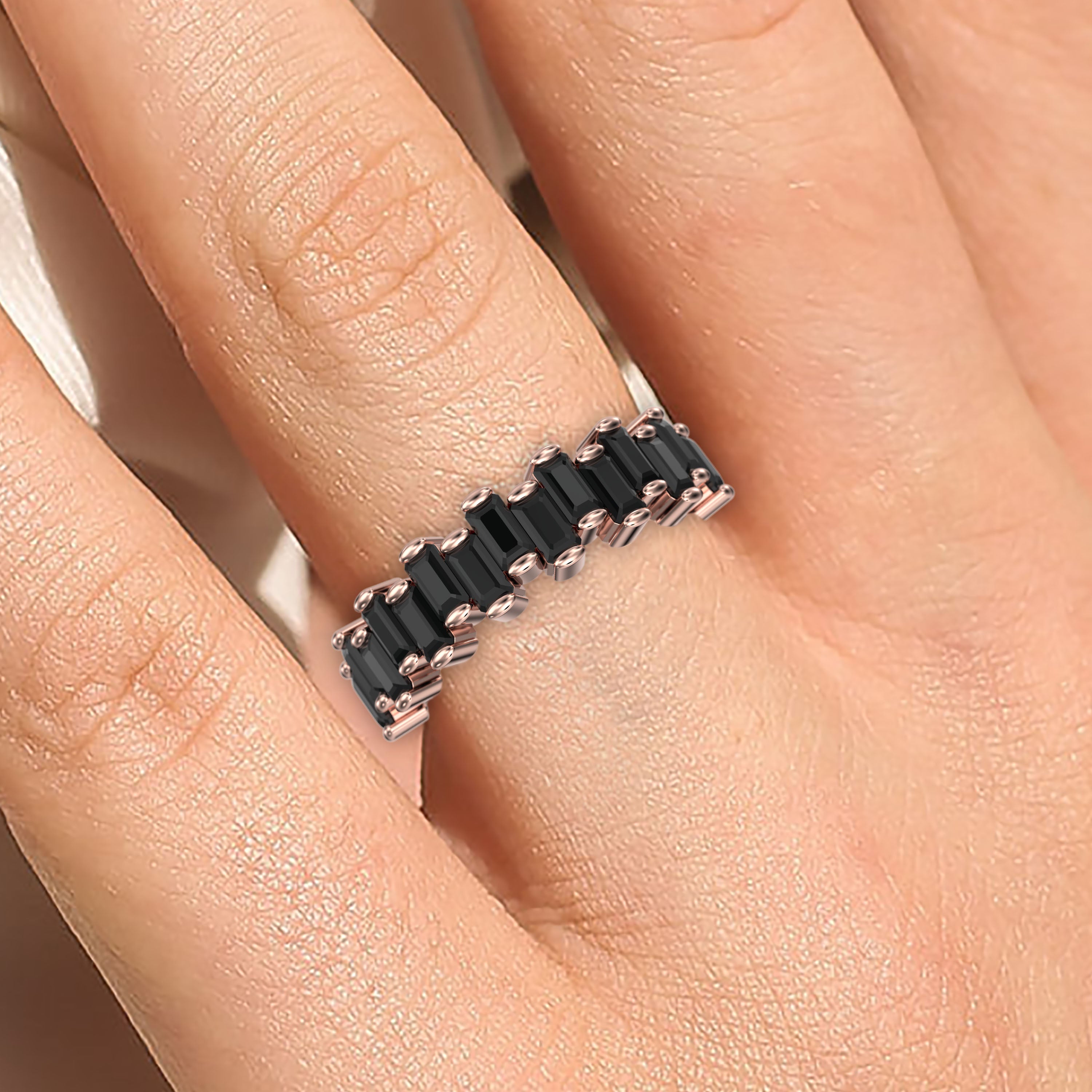Black Diamond & Moissanite Baguette Wedding Ring - 18K Gold Over Silver - Elegant Engagement & Anniversary Jewelry for Women