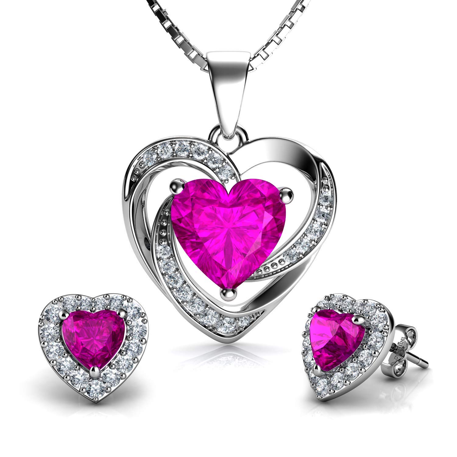 DEPHINI Pink Jewelry Set - 925 Sterling Silver Necklace & Earrings with Crystal Studs & Birthstone Pendant - 18