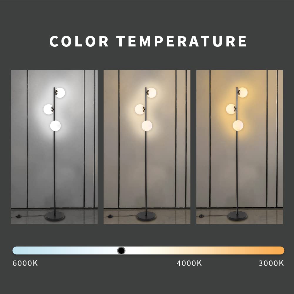 Modern 3-Globe LED Floor Lamp - Adjustable Brightness Standing Light for Living Room, Bedroom & Office (Black) | Perfect for Reading, Working & Ambient Lighting
