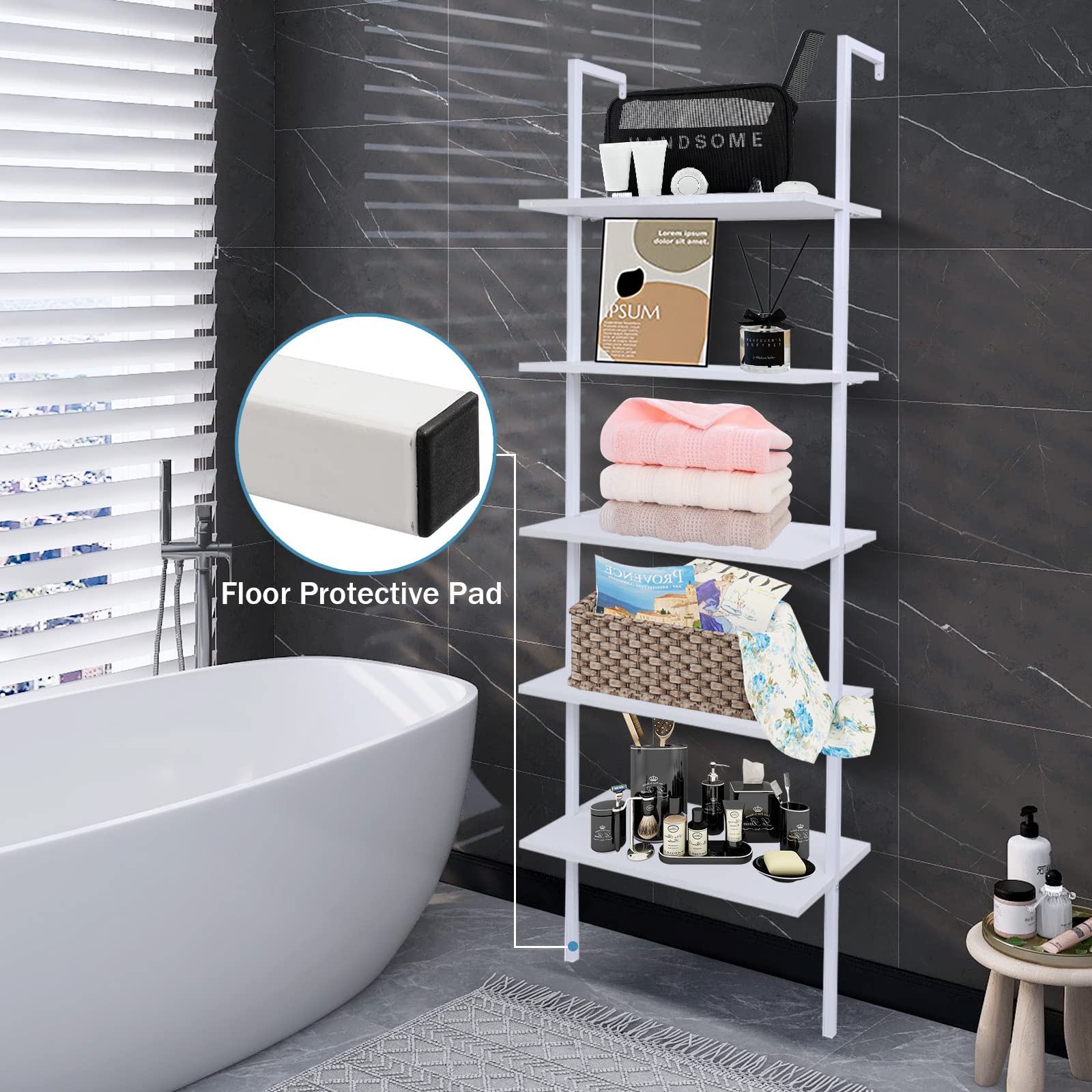 5-Tier Wall Mounted Ladder Shelf - Sturdy Metal Frame & Wood Shelves - Modern Bookshelf for Living Room, Bedroom, Office - Space-Saving Storage Solution for Books, Decor & Essentials (24