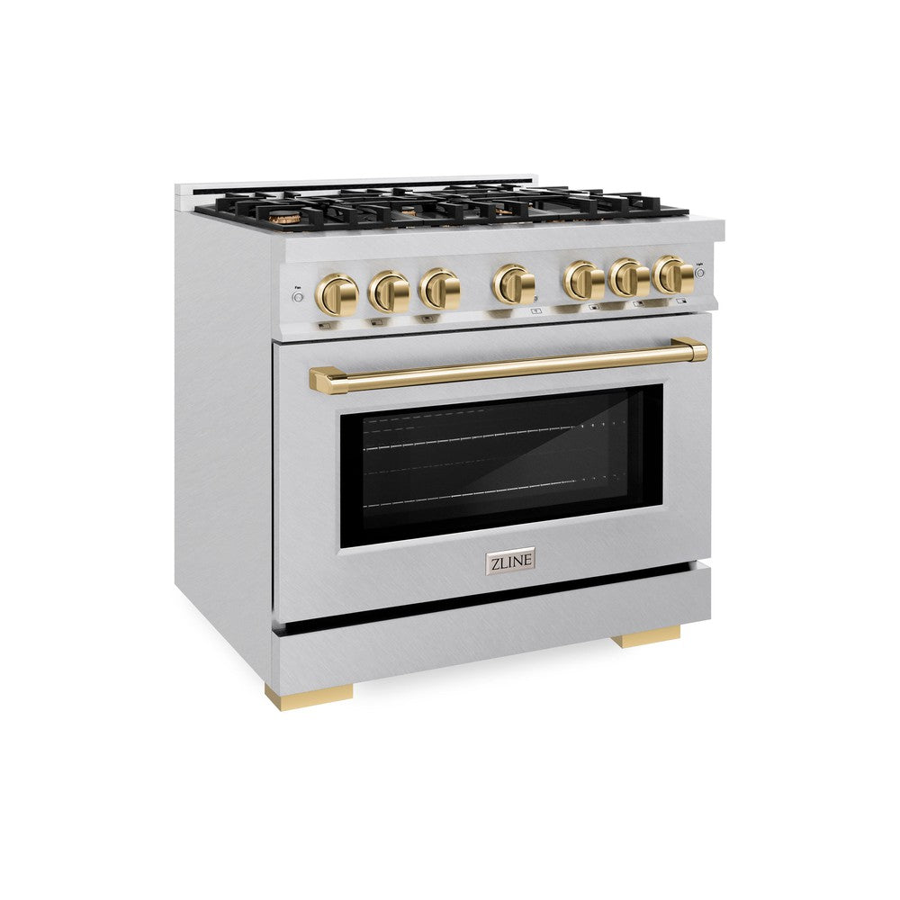 ZLINE Autograph Edition 36 Inch 5.2 Cu Ft Gas Range with 6 Burner Cooktop & Convection Oven - Satin Stainless Steel with Gold Accents (HGRSZ 36 G) - Professional Kitchen Appliance for Home Chefs & Cooking Enthusiasts