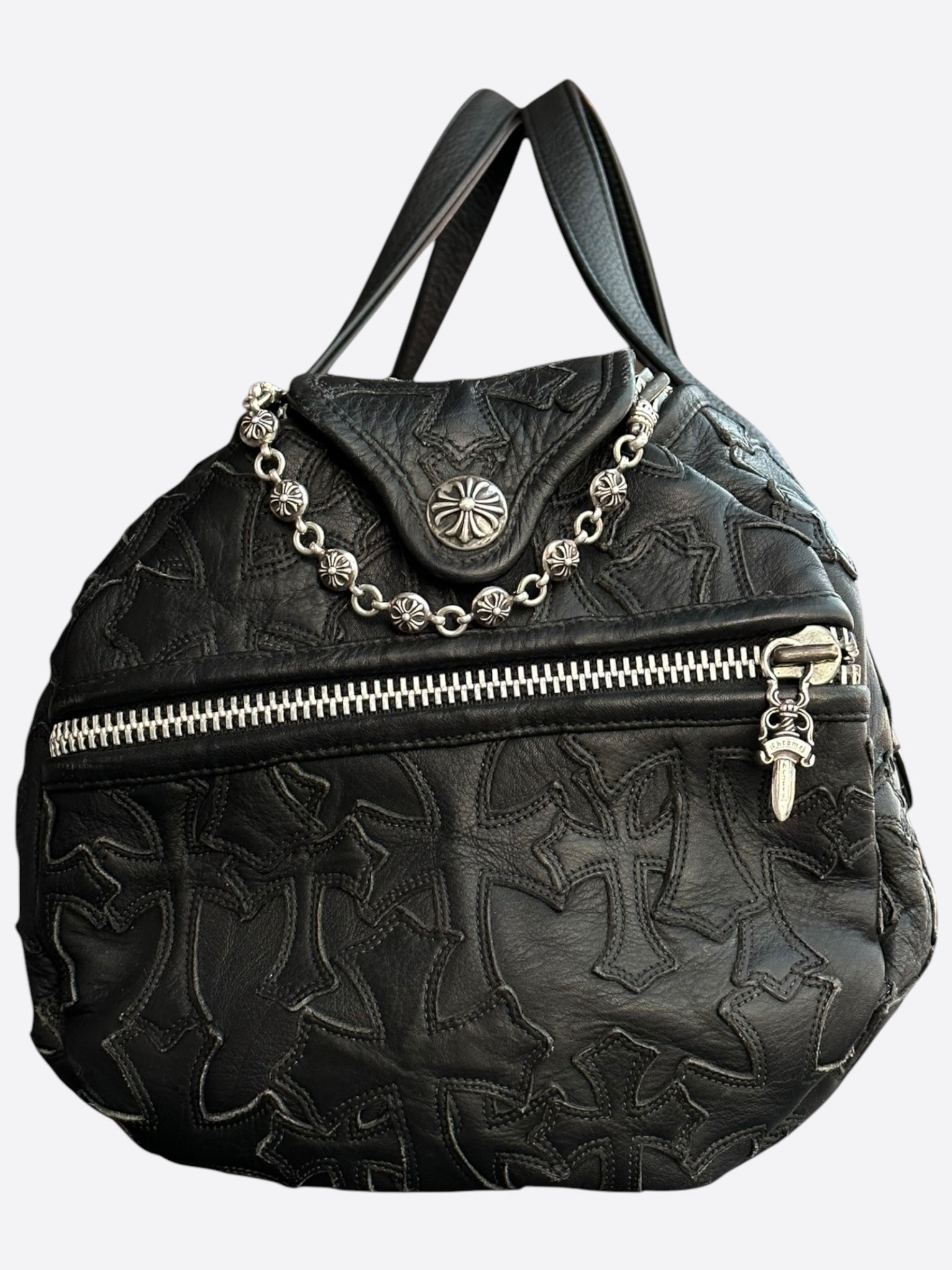 Chrome Hearts Black Leather Cross Patch Duffel Bag for Travel & Gym - Stylish Designer Weekender Bag for Men & Women