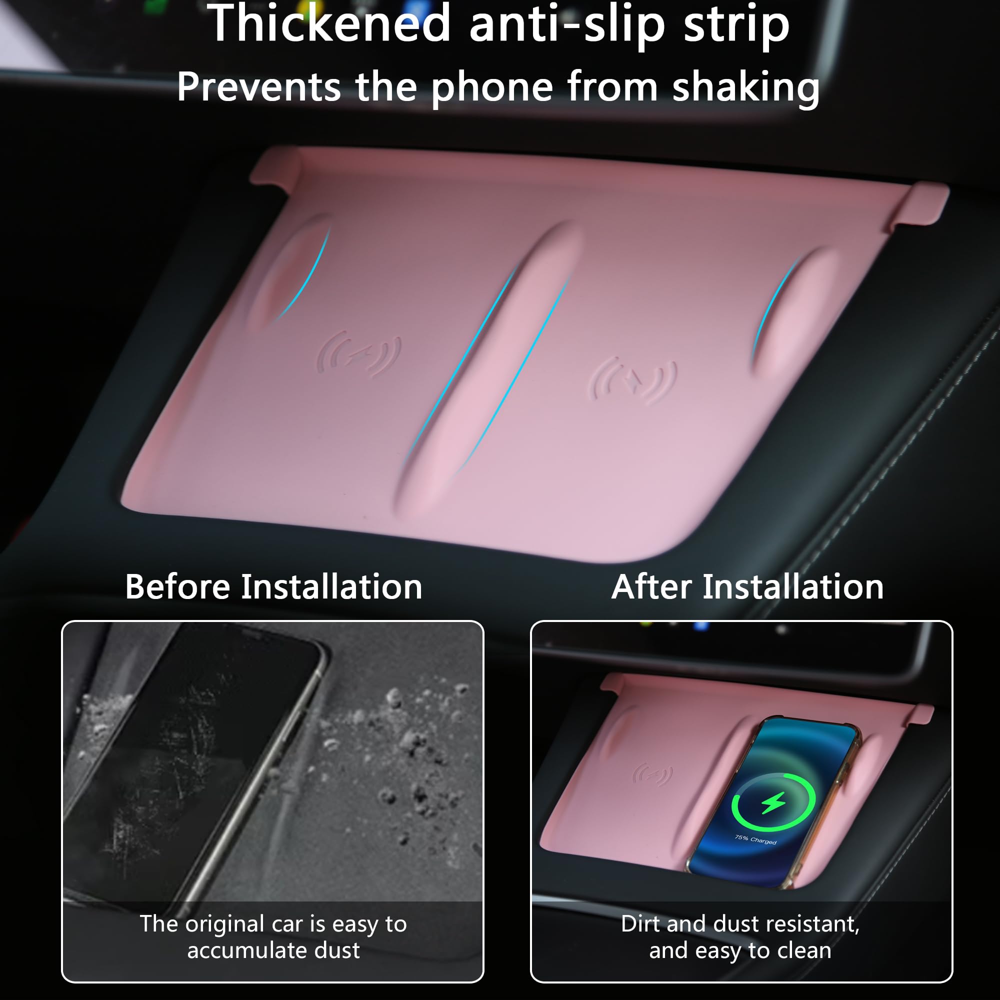 3PCS Tesla Model Y (2021-2024) & Model 3 (2021-2023) Center Console Organizer Set - Cup Holder Insert, Touchscreen Edge Protector, Anti-Slip Silicone Charging Mat in Pink | Interior Car Accessories for Organization & Phone Charging