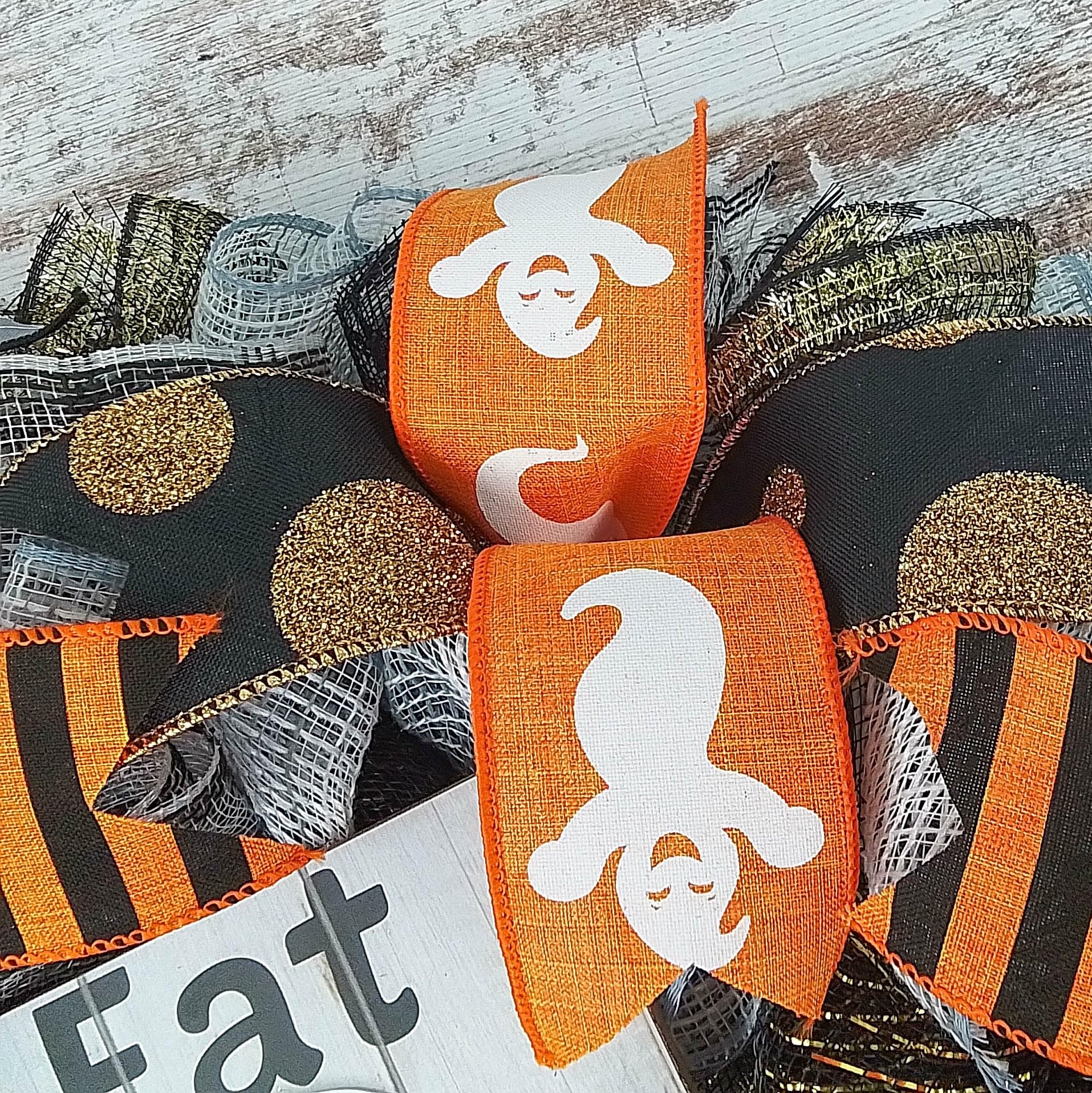 Spooky Halloween Mesh Wreath for Front Door - Black, White, Gold & Orange Ghost Decor | Perfect for Halloween Party Decorations & Haunted House Themes