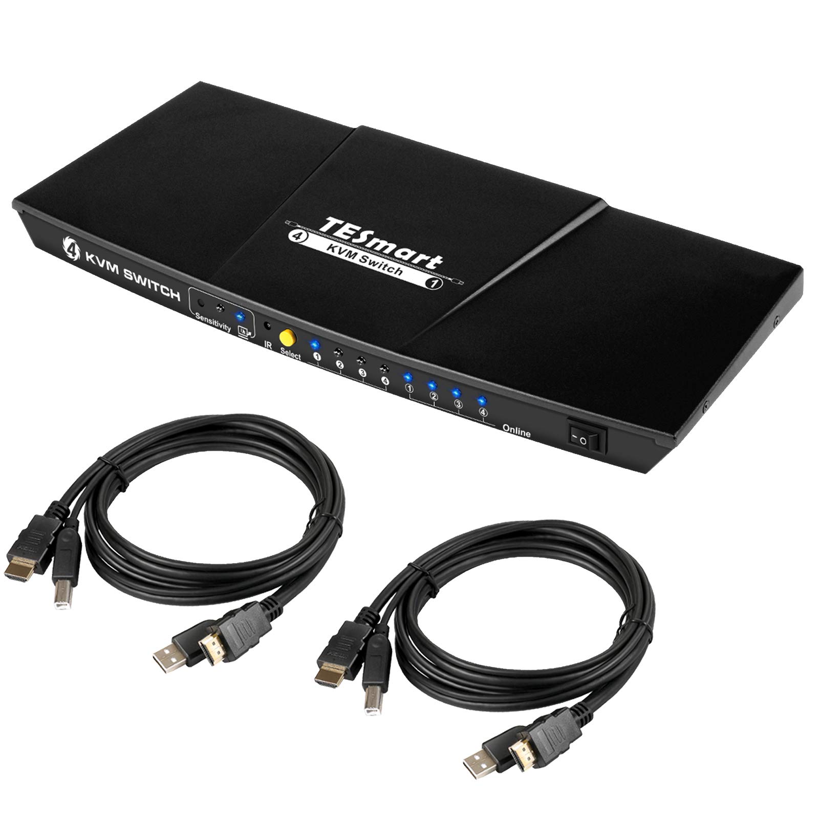 TESmart 4 Port HDMI KVM Switch 4K Ultra HD 3840x2160@30Hz | 4x1 KVM Switcher for 4 PCs to 1 Monitor with 2x1.5m Cables | Supports USB 2.0 Devices | Control 4 Computers/Servers/DVR | Matte Black | Perfect for Home Office, Gaming & IT Management