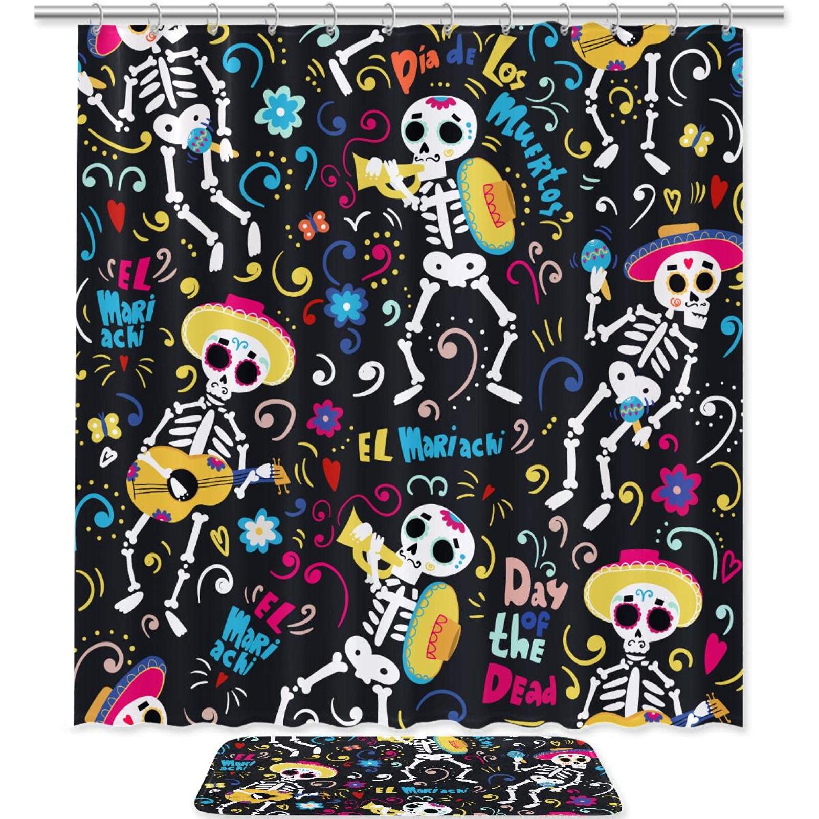 Mexico Skeleton Shower Curtain Set - 2 Piece Bathroom Decor with Non-Slip Floor Mat & 12 Hooks | Dia de Los Muertos Theme for Halloween, Day of The Dead Celebration & Gothic Bathroom Decor
