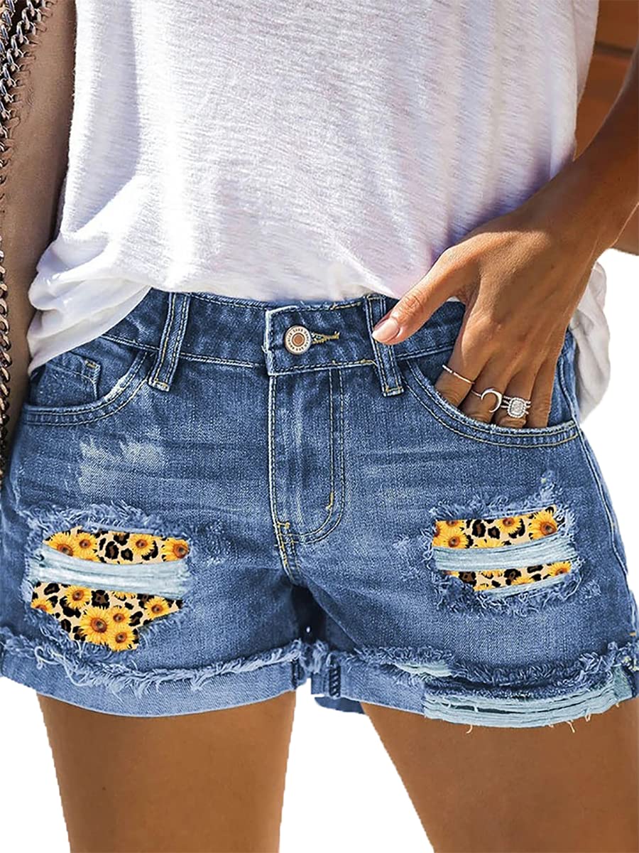 Akivide Women's High Waisted Ripped Denim Shorts - Stretch Sunflower Stitched Frayed Jean Shorts for Summer | Casual Outfit, Beach Vacation, Streetwear Fashion