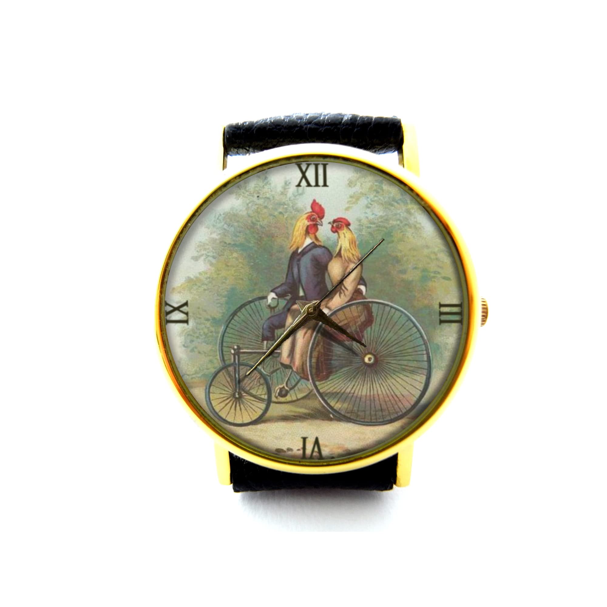 Stylish Unisex Leather Bike Watch for Couples - Perfect for Cyclists & Outdoor Enthusiasts | Chicken Jewelry & Bike Art Design P298 | Ideal for Cycling, Hiking & Everyday Fashion