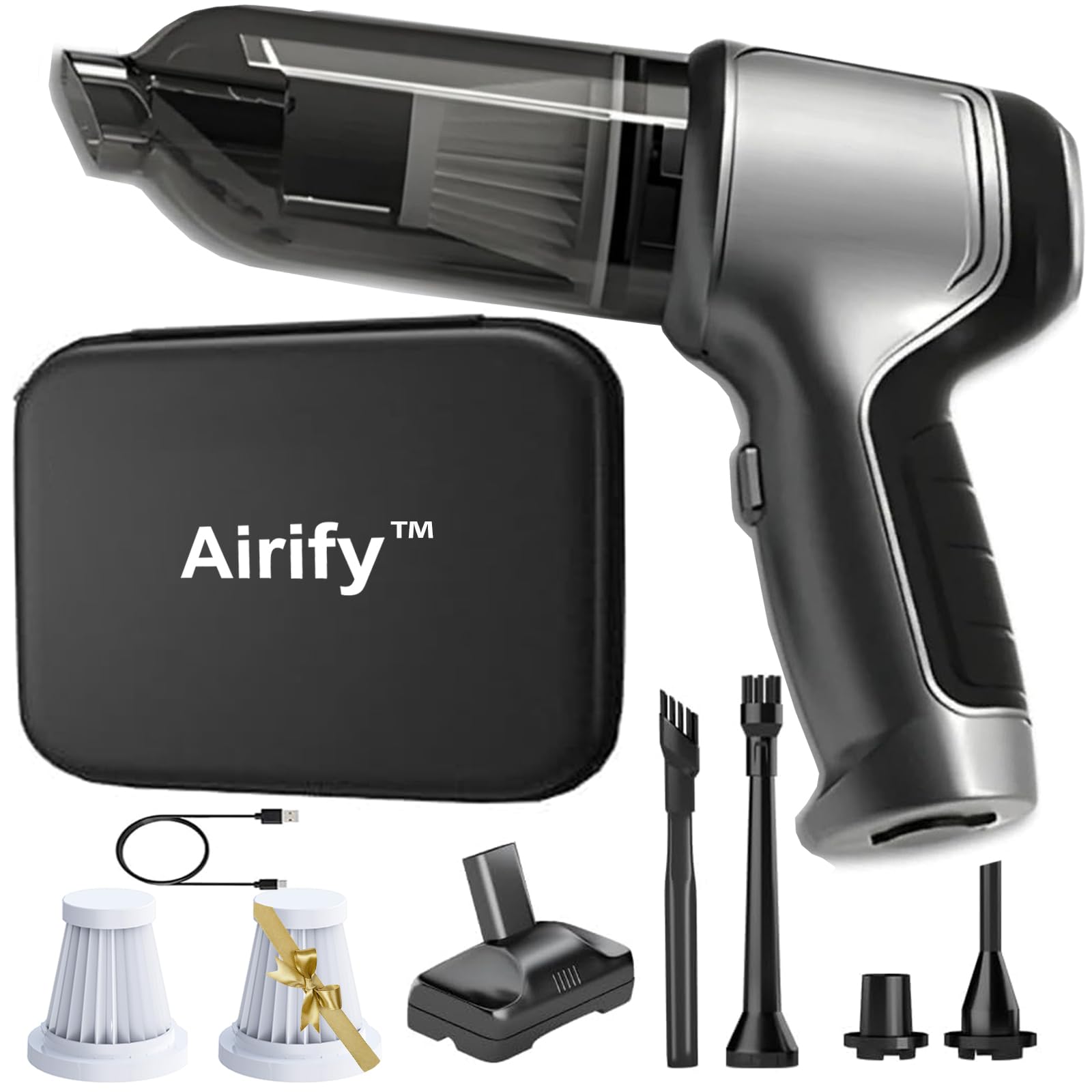 Airify™ Pro Vac V2 Cordless Handheld Vacuum Cleaner - Powerful Portable Car & Home Vacuum with Air Blower Function - Lightweight Mini Vac for Car Detailing, Pet Hair, Dust Cleaning (Gray) - Perfect for Cars, Home, Office & Travel Use