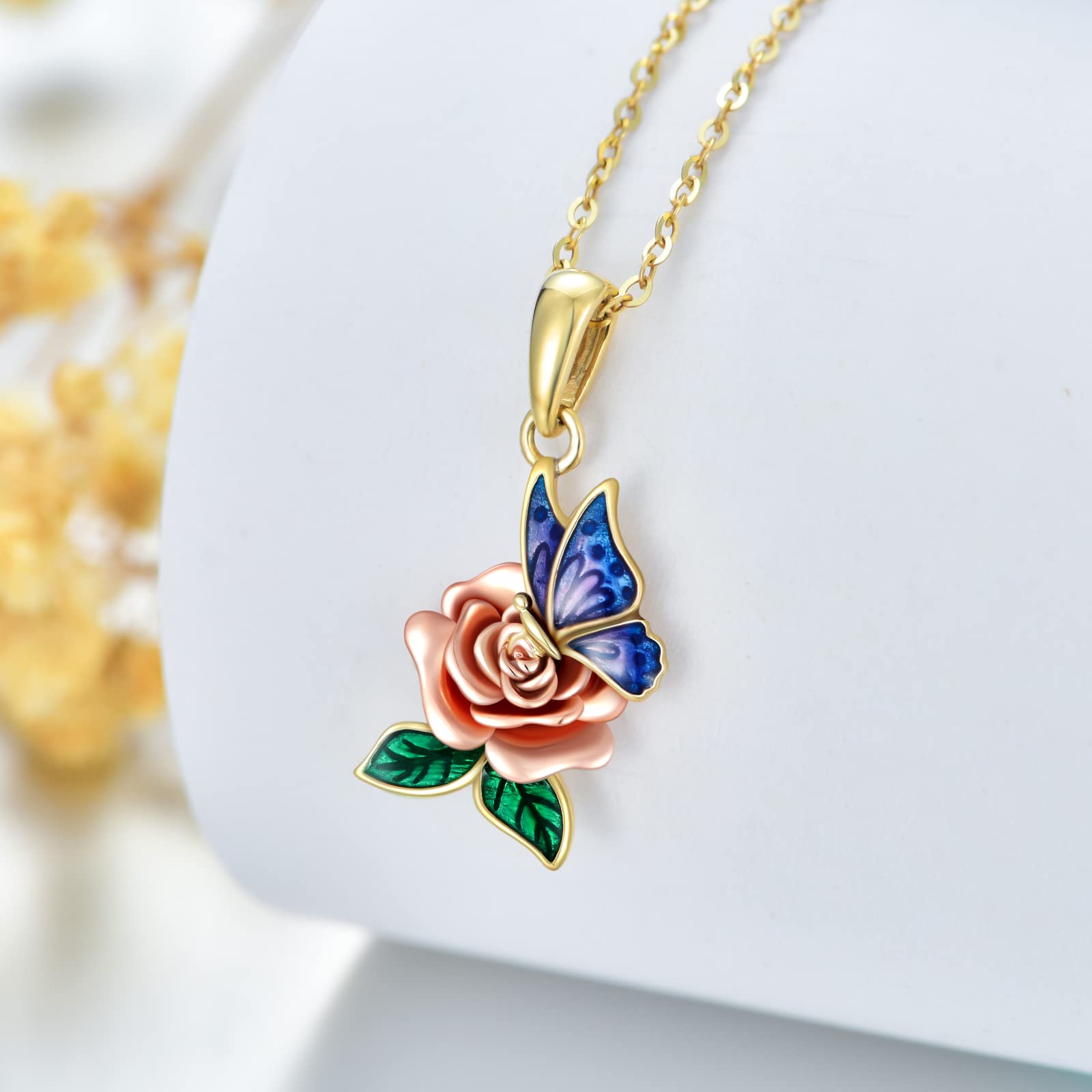 SISGEM 10K Real Gold Butterfly Rose Pendant Necklace for Women - Yellow & Rose Gold Floral Jewelry, Dainty Rose Butterfly Necklace Gift for Birthday, Christmas, Anniversary (16+1+1 Inch) - Perfect for Everyday Wear, Date Nights & Special Occasions