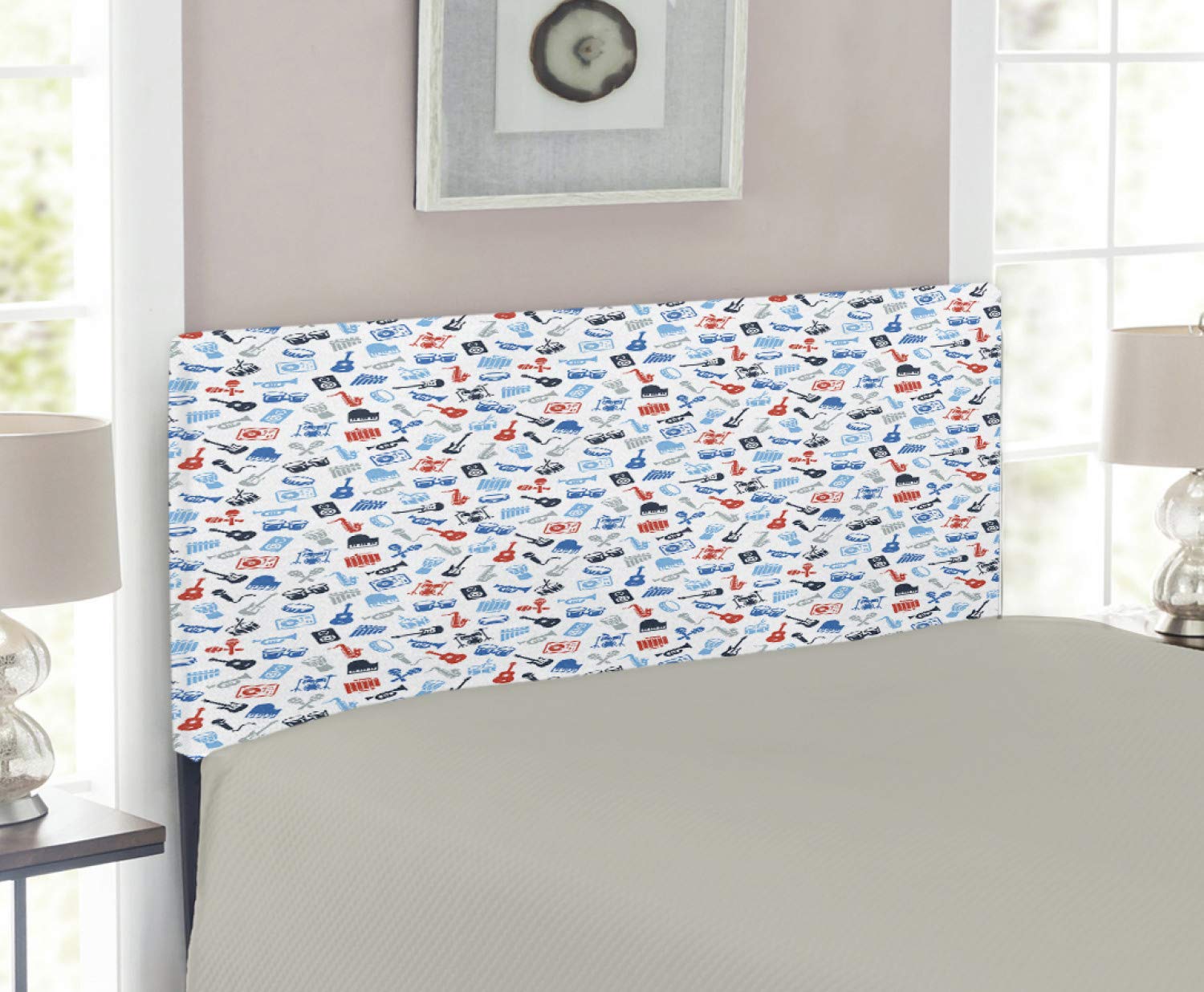 Ambesonne Jazz Music Upholstered Headboard - Retro Band Orchestra Instrument Pattern, Decorative Metal Bed Frame with Memory Foam, Twin Size in Blue Red Grey - Perfect for Music Lover's Bedroom & Vintage Style Home Decor