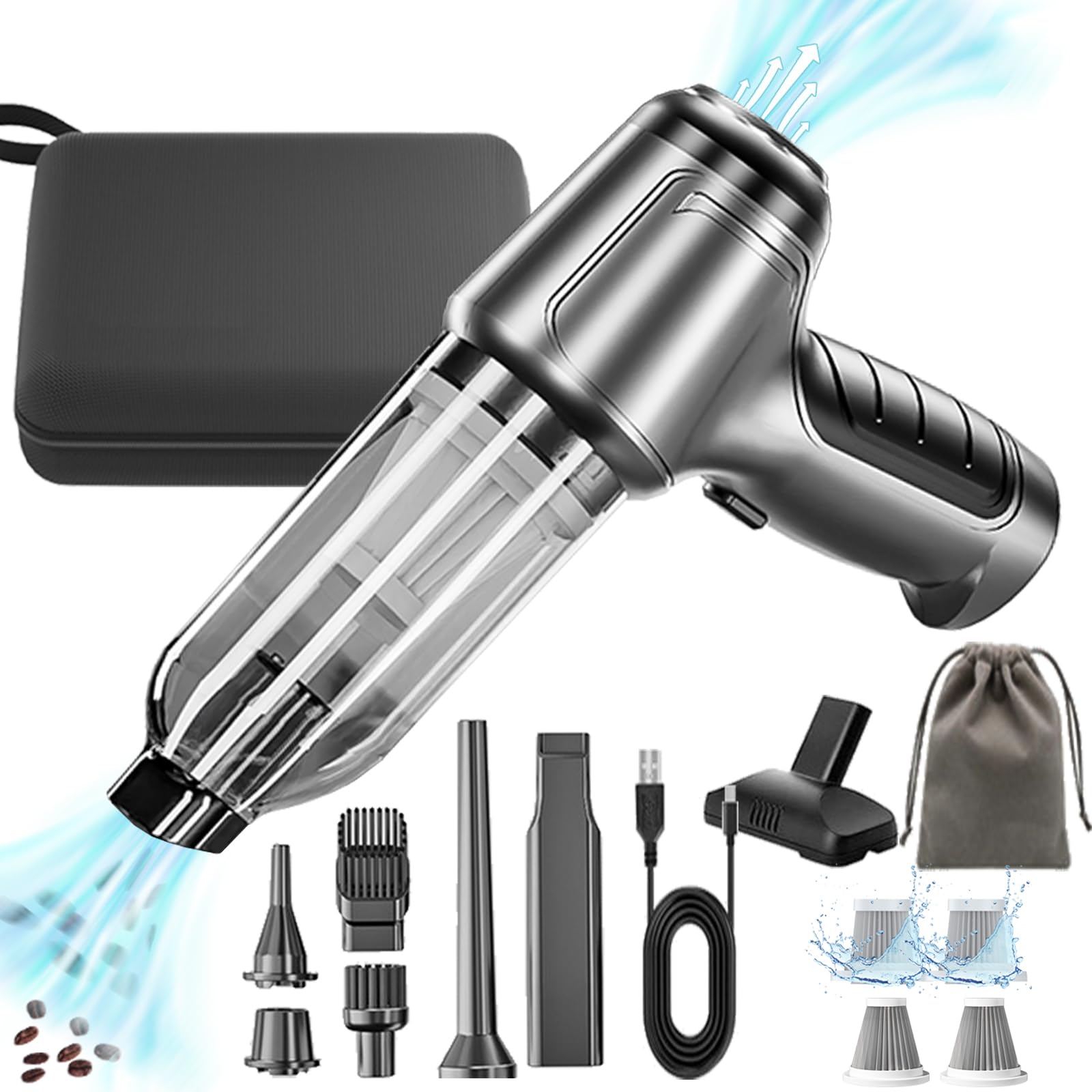 15000PA High Power Cordless Car Vacuum Cleaner - USB-C Rechargeable 3-in-1 Handheld Vacuum with Brushless Motor, 2 Speed Settings for Car Detailing & Home Cleaning | Perfect for Pet Hair, Crumbs & Dust Removal