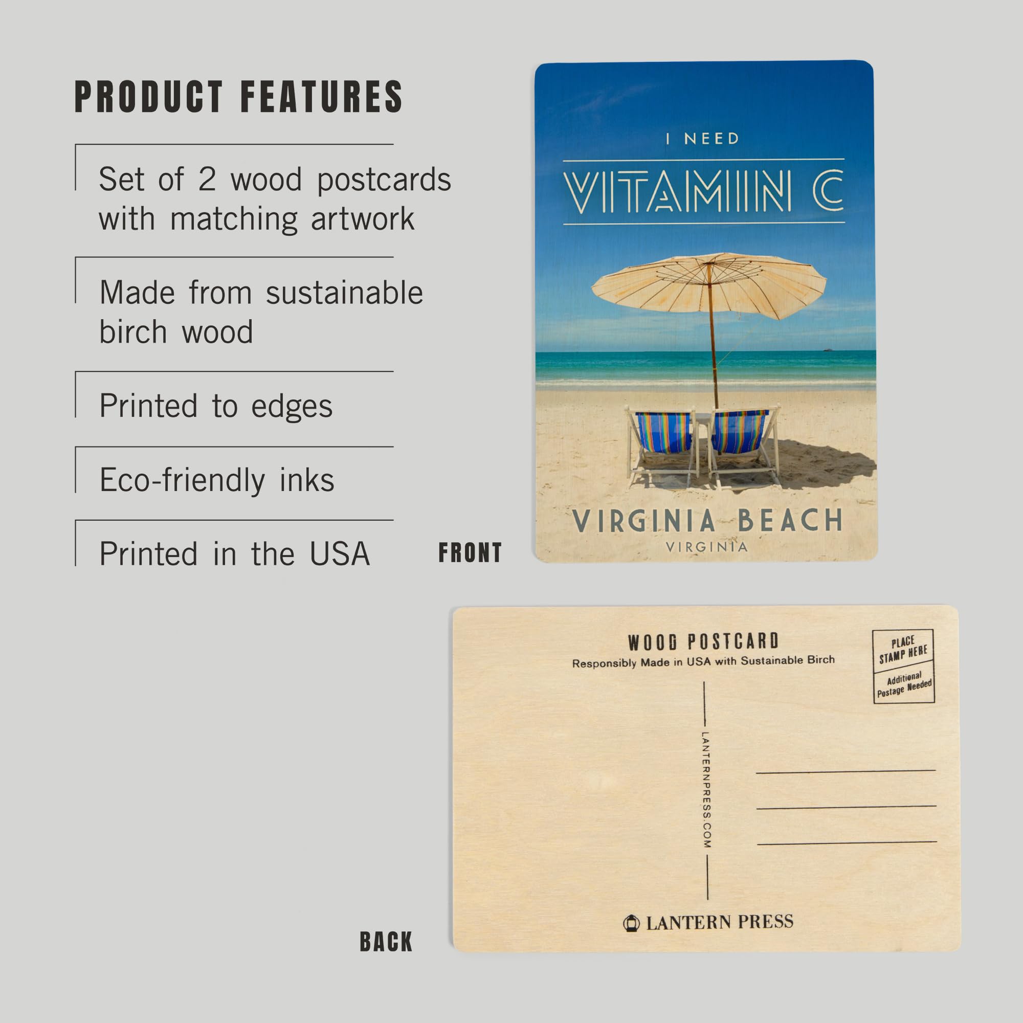 Virginia Beach Vitamin C Postcards - 4x6 Birch Wood Stationary Set (2-Pack) - Rustic Coastal Home Wall Decor for Beach Houses, Vacation Rentals & Coastal Theme Rooms