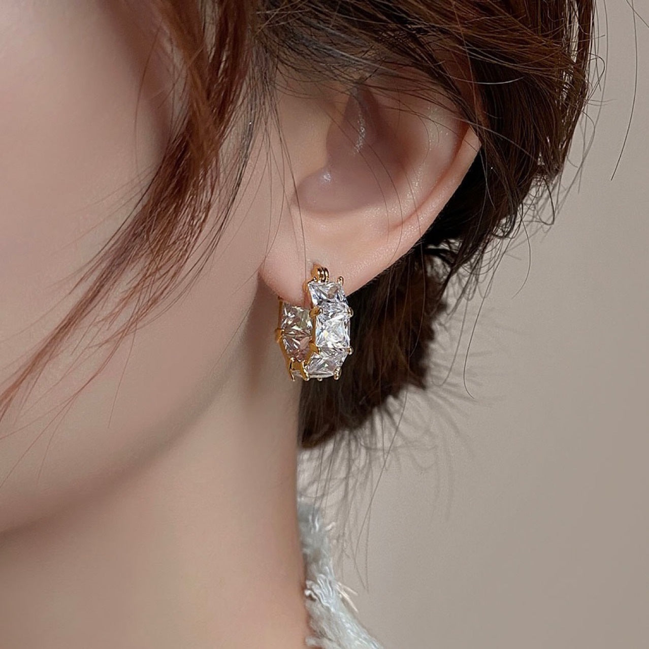 Geometric Ice Cube Crystal Huggies Hoop Earrings for Women | A7551 | Trendy Everyday Jewelry for Work, Party & Casual Outfits