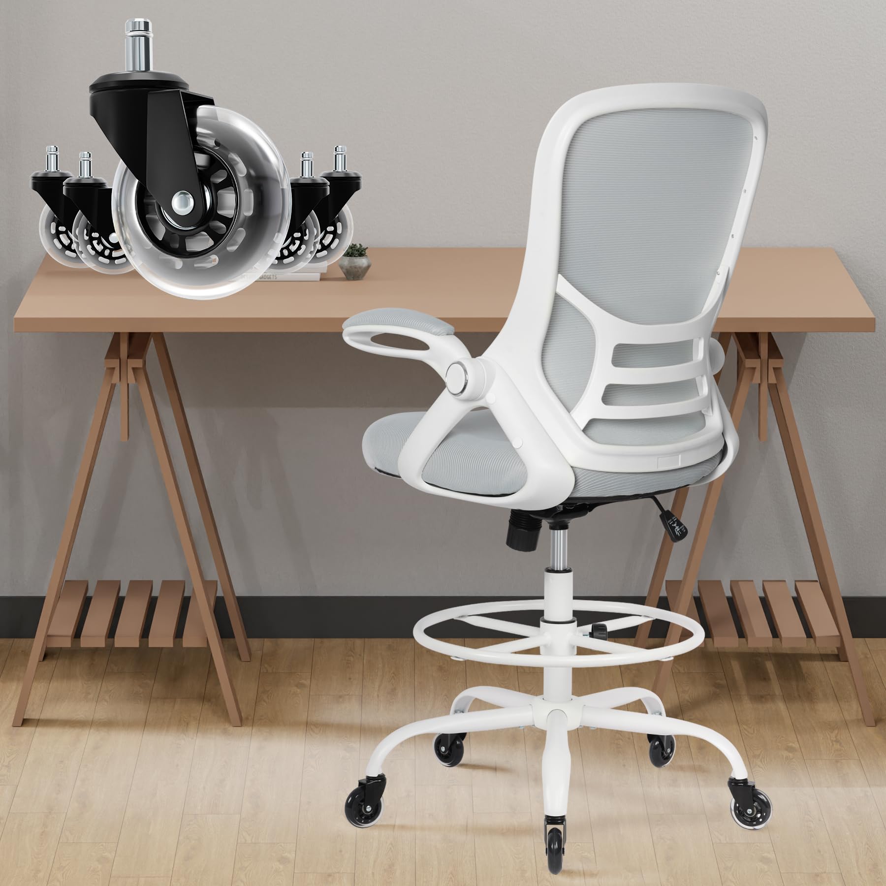 HYLONE Adjustable Drafting Chair - Ergonomic Tall Office Stool for Standing Desks, Big & Tall Drafting Chair in White - Perfect for Architects, Designers & Home Office Workspaces