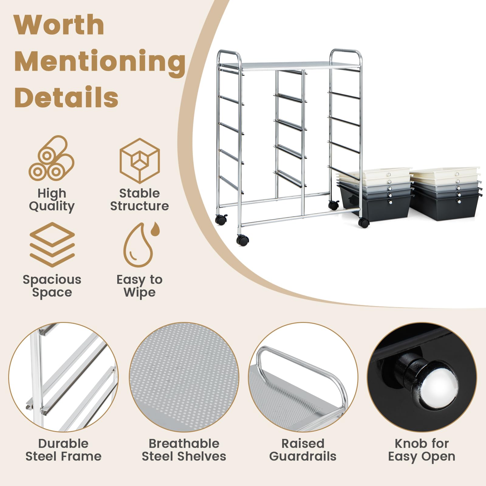 HAPPYGRILL 10-Drawer Rolling Storage Cart with Lockable Wheels - Mobile Organizer Utility Cart for Beauty Salon, School, Office & Home (Grey Gradient) - Perfect for Salon Supplies, Classroom Organization & Home Storage Solutions