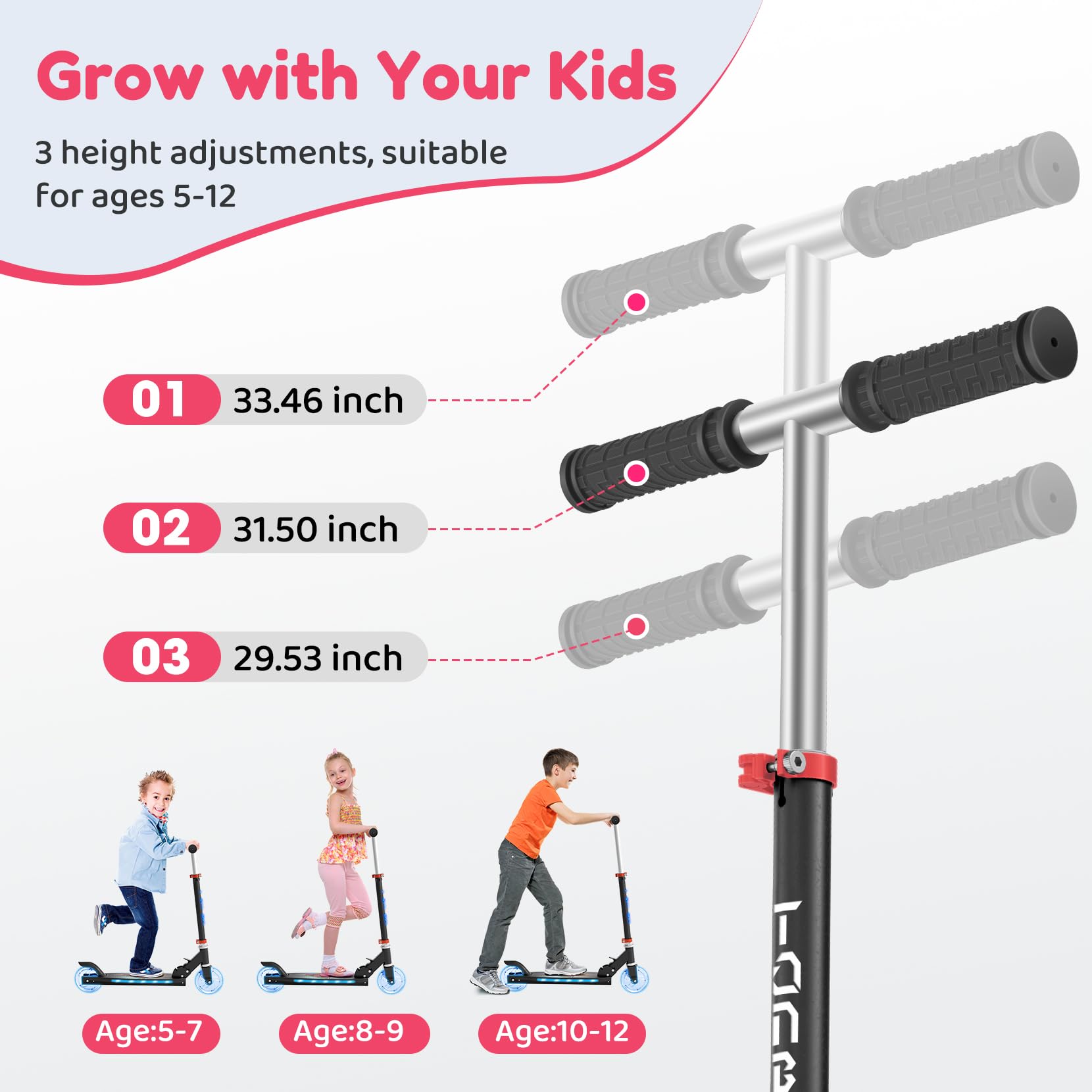 TONBUX 2 Wheel Kick Scooter for Kids Ages 5-12 - Adjustable Height (3 Levels), LED Light-Up Wheels & Deck, Foldable & Lightweight Design - Perfect for Commuting to School, Park Rides & Neighborhood Fun