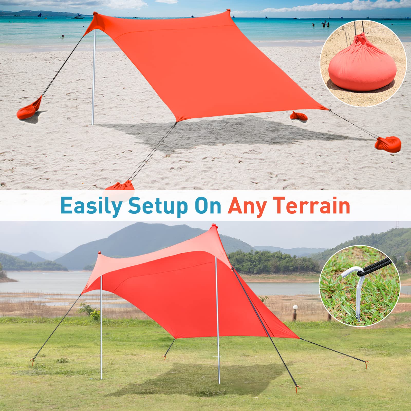 4-5 Person Pop Up Beach Tent with UPF50+ Sun Protection - Portable 7x7 Ft Sun Shelter for Camping, Fishing, Picnics & Outdoor Activities | Includes Carrying Bag (Orange, 2-Pole Design)