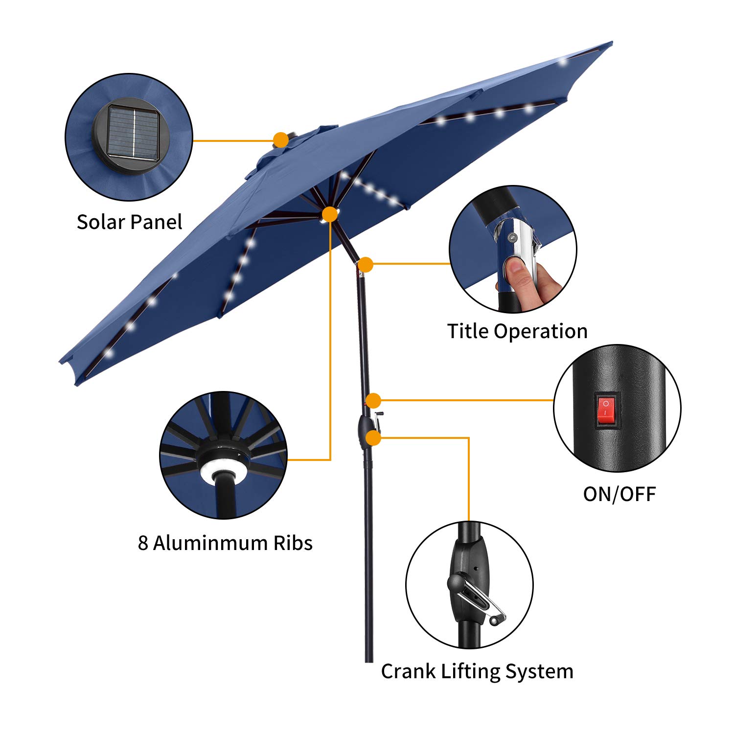 10 FT Outdoor Patio Umbrella with LED Lights - Tilt & Crank Market Umbrella with 8 Sturdy Ribs for Garden, Poolside, Restaurant, and Backyard Dining