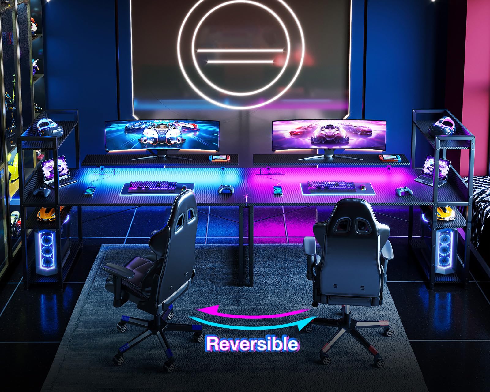 ODK 55 Inch Reversible Gaming Desk with USB Charging Port & LED Lights, Carbon Fiber Black Computer Desk with Storage Shelves & Monitor Stand - Perfect for Home Office, Gaming Setup, and Bedroom Workspace
