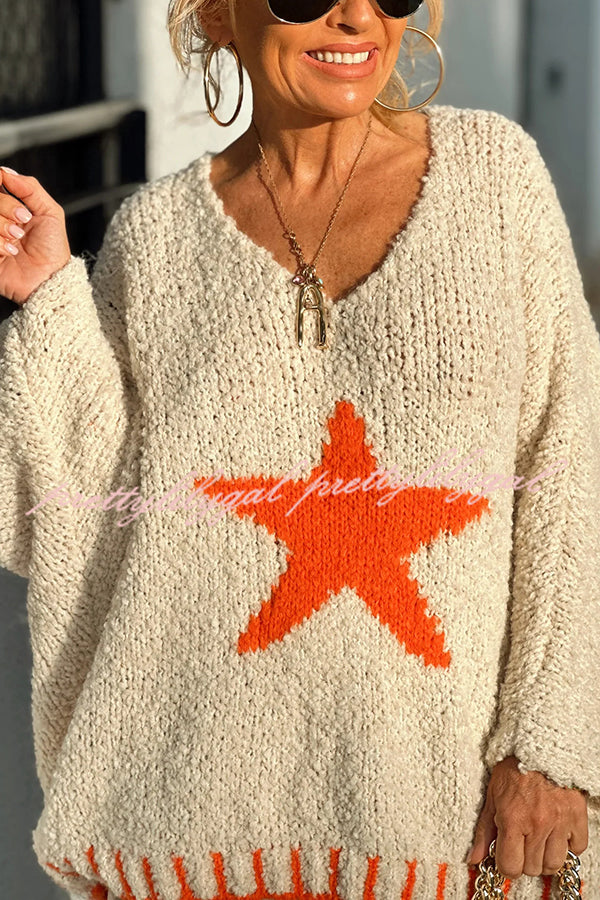 Cozy Winter Knit Sweater with Star Pattern & Contrast Colors - Loose Fit for Casual Outings, Holiday Gatherings & Cold Weather Fashion
