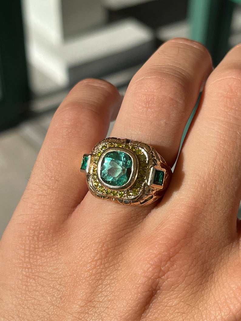4.18tcw 14K Gold Colombian Emerald Cushion Cut & Princess Cut Yellow Diamond Accent Men's Ring for Wedding, Engagement & Special Occasions