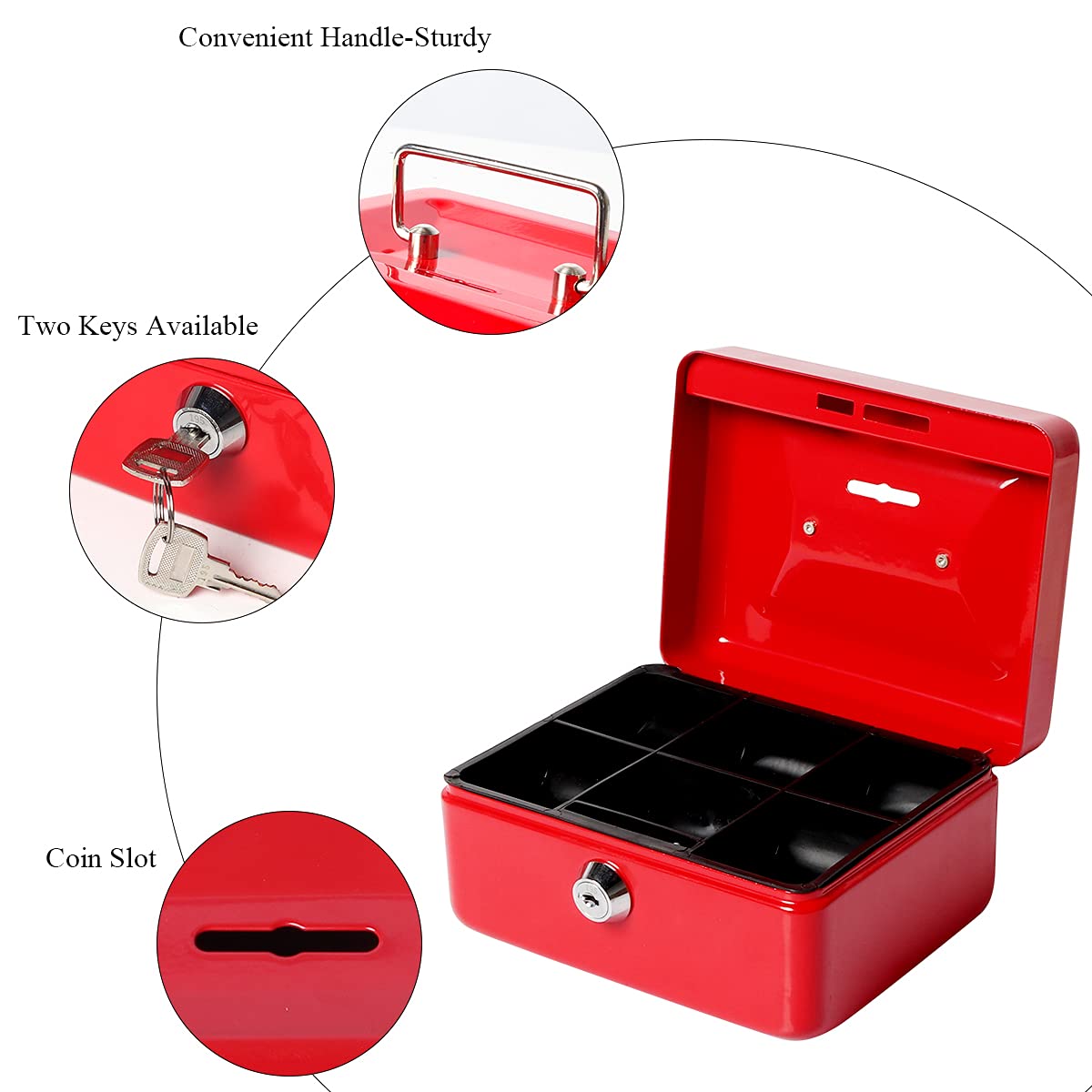 Jssmst Small Locking Cash Box with Money Tray - Secure Money Storage Box for Kids & Home Use - Top Slot Deposit - 5.91 x 4.72 x 2.95 Inch Red Lock Box (CB003-R) - Perfect for Piggy Bank, Allowance Savings, Home Office & Retail Cash Management