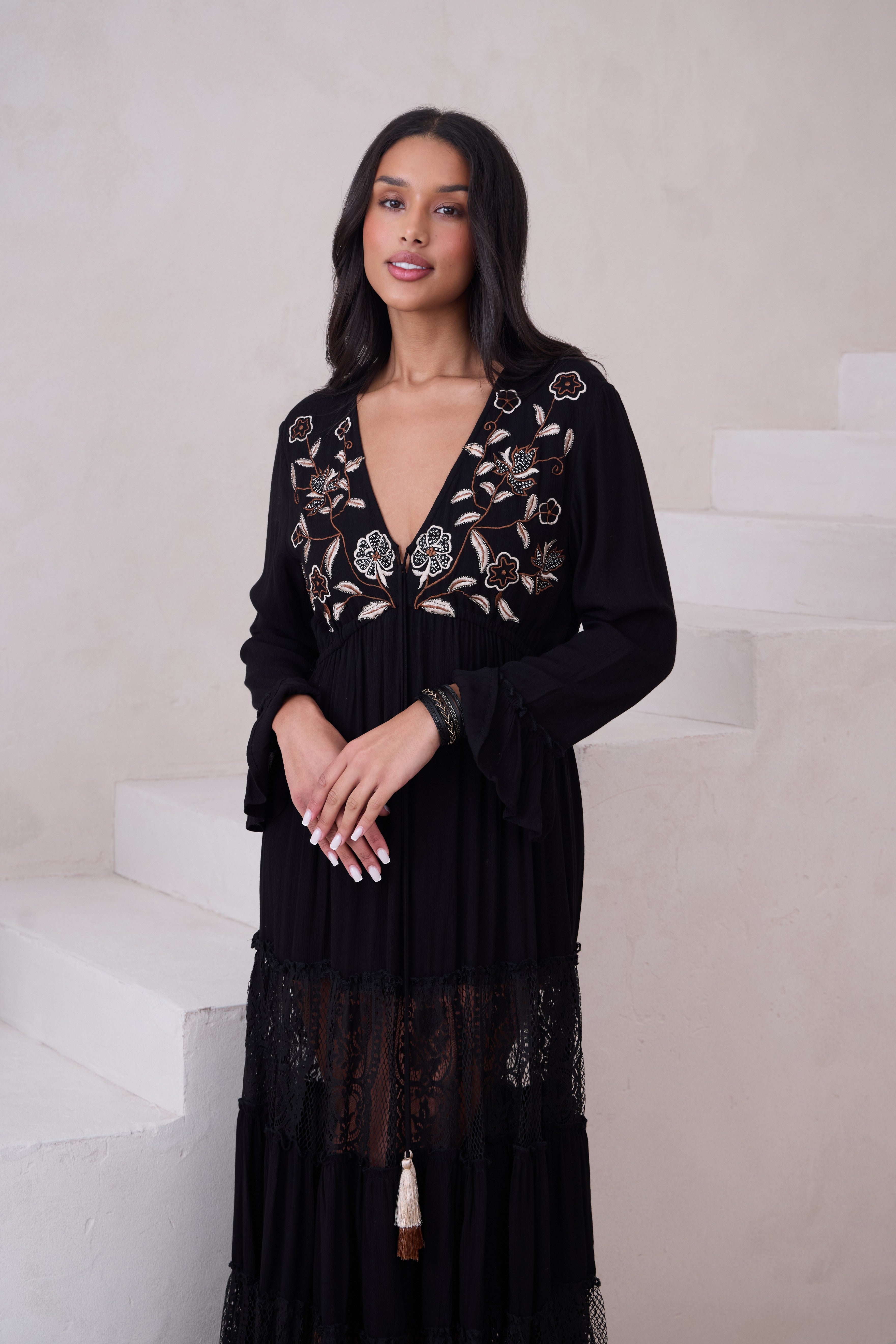 Floral Lace Tiered Kaftan Dress for Women - Boho Beach Cover Up, Summer Maxi Dress for Vacation & Poolside Relaxation