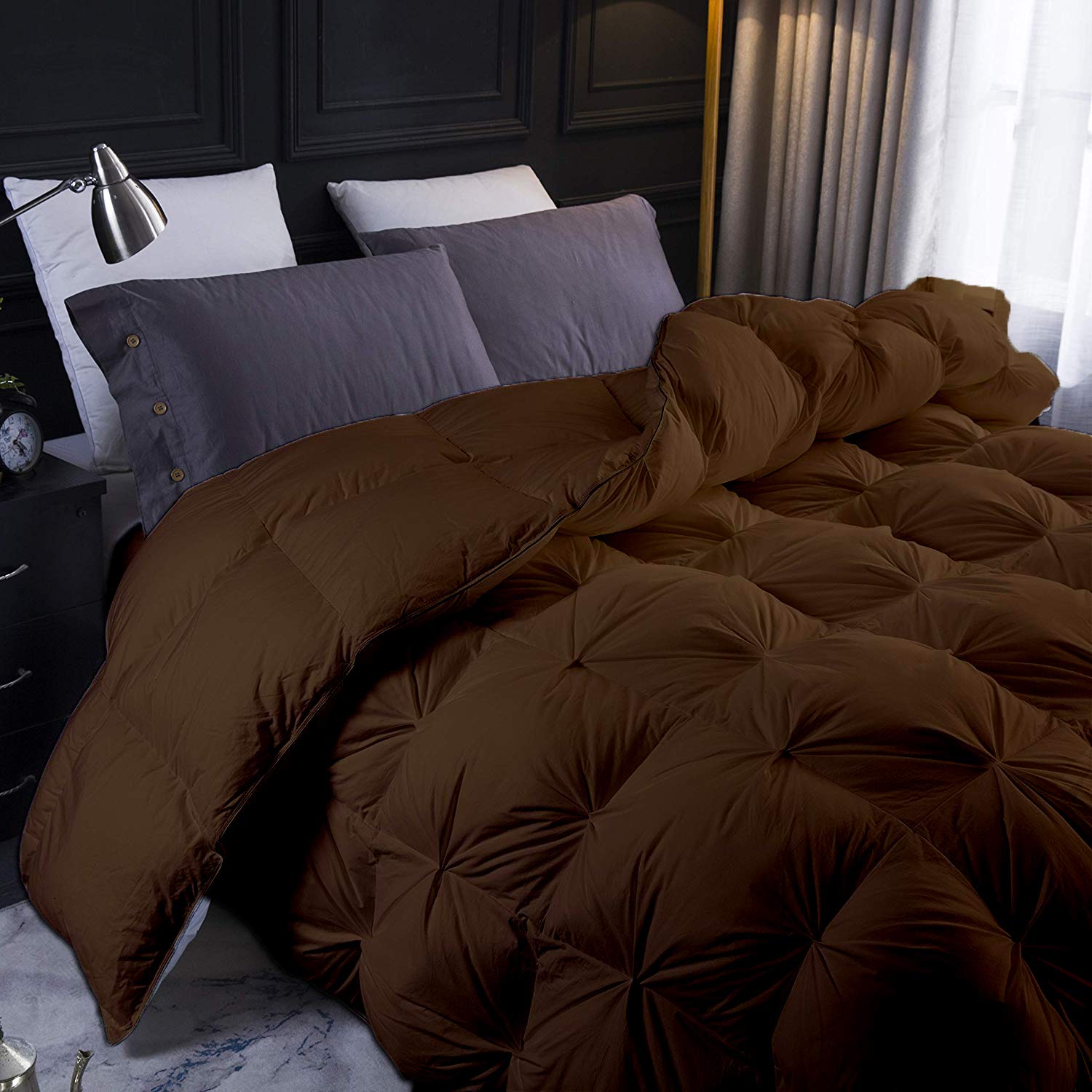 All Season Brown Pin-Tuck Down Comforter - Twin XL Size 68x90 Inches - 600 GSM Egyptian Cotton with Pinch Pleat Design & Corner Tabs - Perfect for Bedroom Decor, Guest Rooms & Cozy Winter Nights