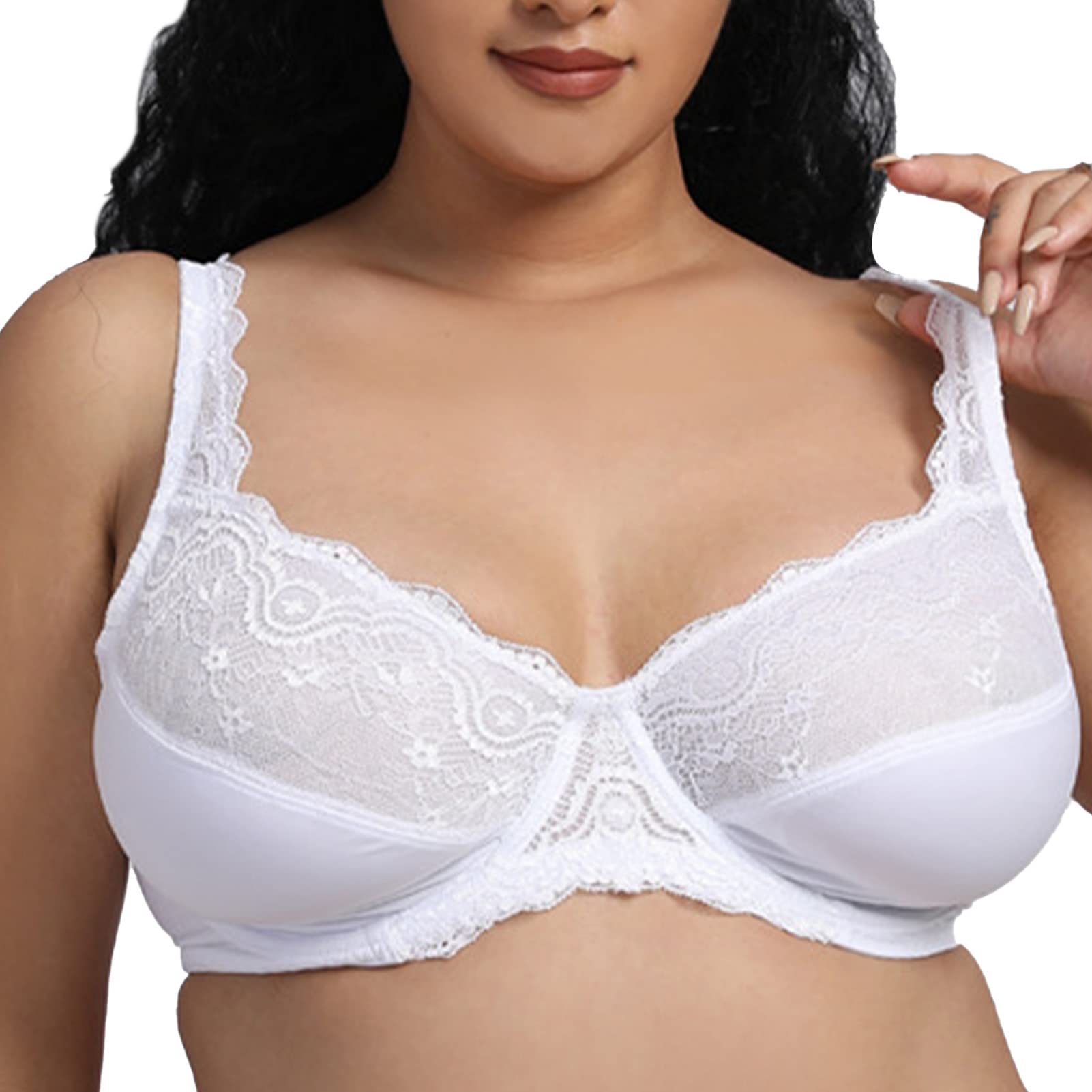 Plus Size Women's Full Coverage Underwire Bra with Wide Lace Straps & Low Center Front - Comfortable Support for Everyday Wear, Work & Special Occasions