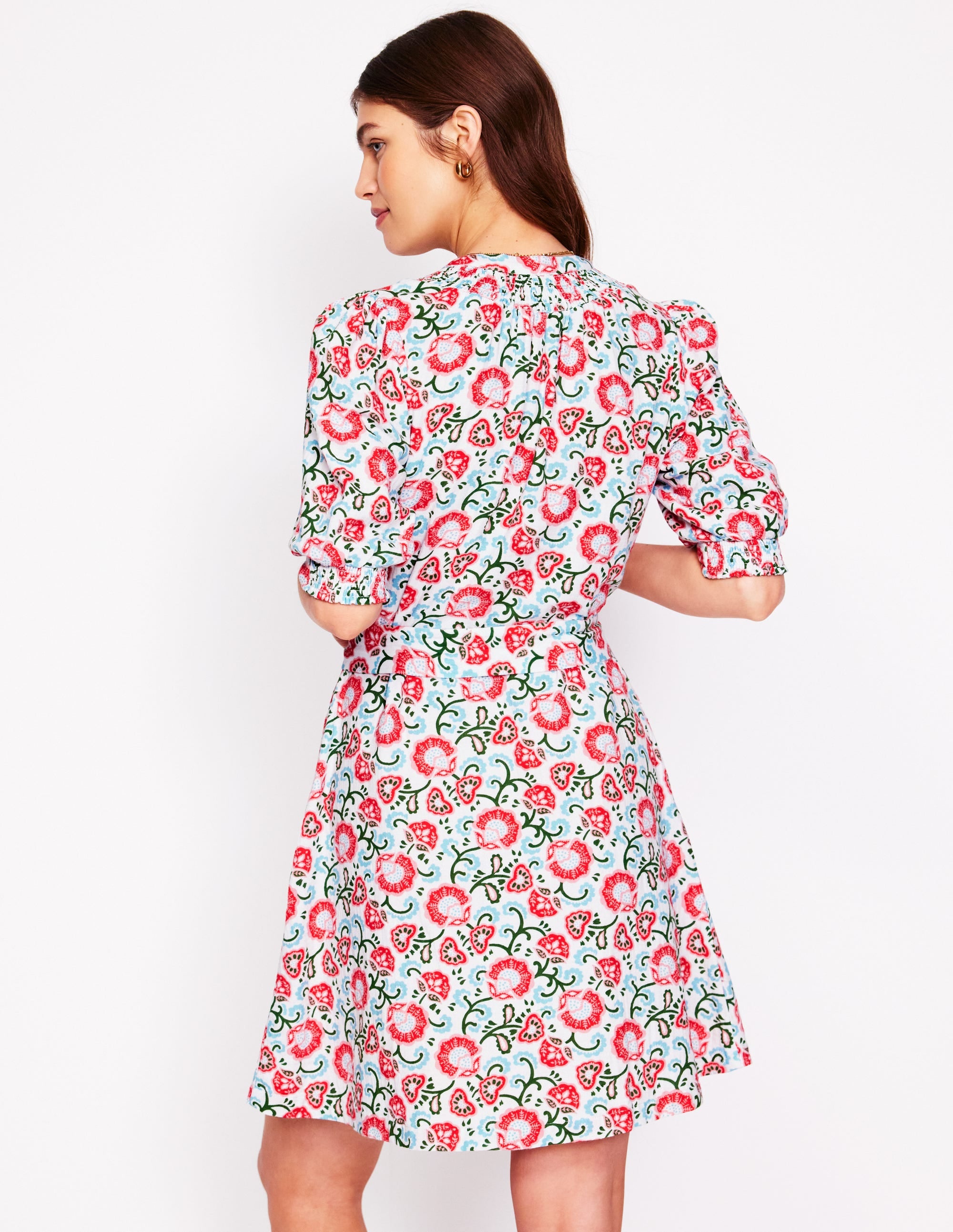 Ada Double Cloth Short Dress Ivory Floral Print - Elegant Summer Casual Dress for Women, Perfect for Garden Parties, Brunch Dates and Vacation Outfits