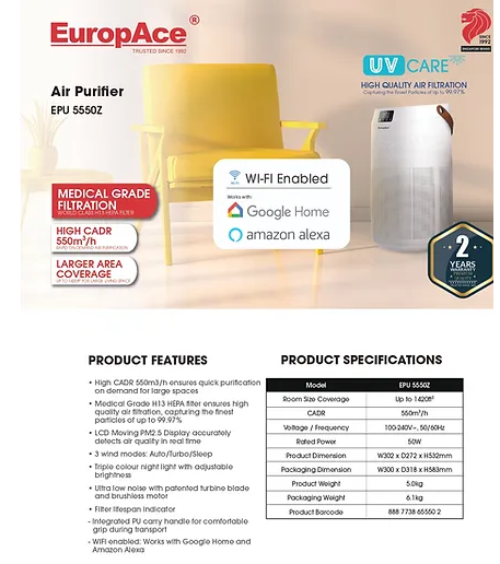 Europace EPU 5550Z Smart WiFi Air Purifier with HEPA Filter - Remove Dust, Pollen & Odors for Home, Office & Bedroom (EPU5550Z)