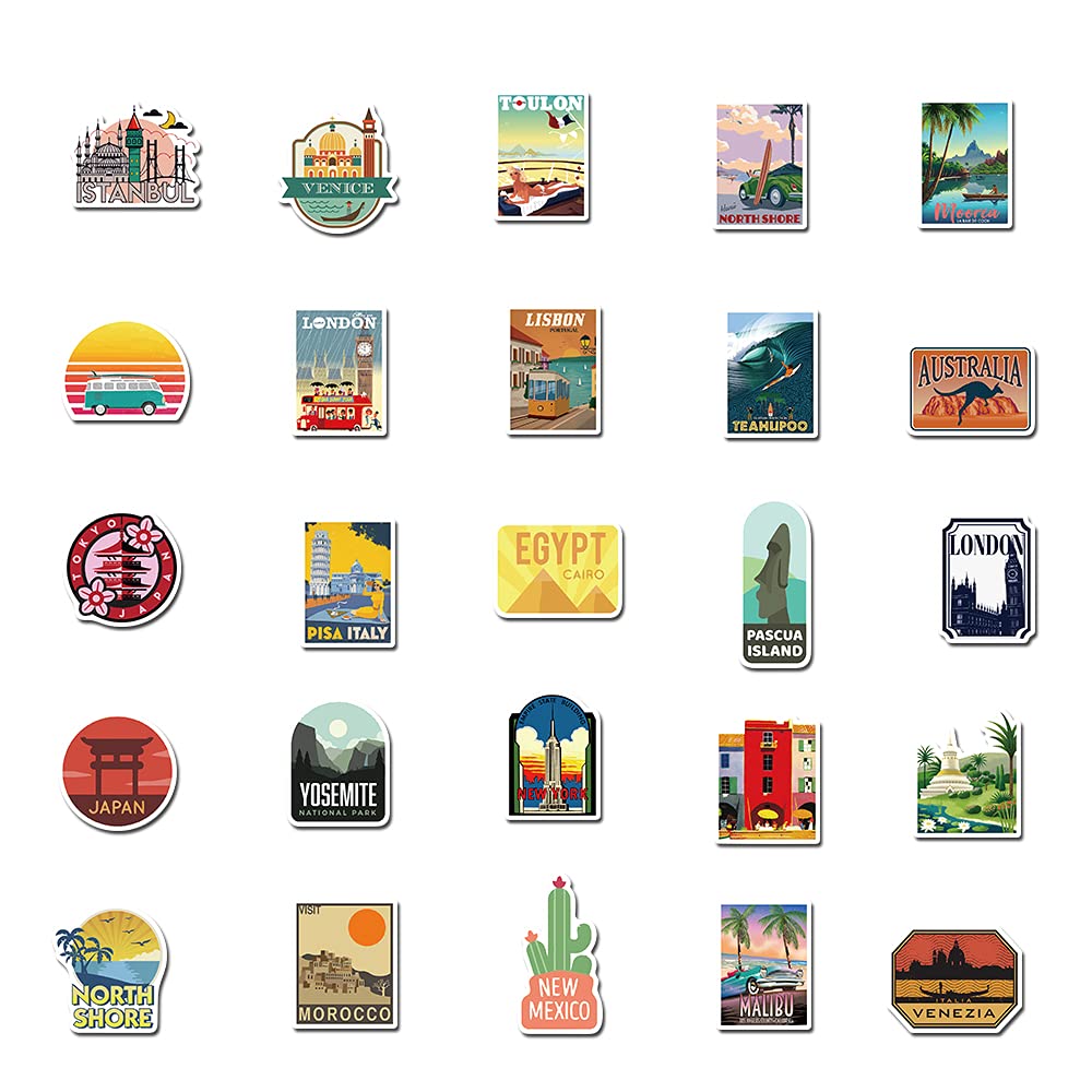 50Pcs Waterproof Vinyl Stickers Pack - Vintage Travel Decals for Luggage, Laptop, Scrapbook, Skateboard, Water Bottle & Phone - Perfect for DIY Crafts, Journaling & Personalizing Your Belongings