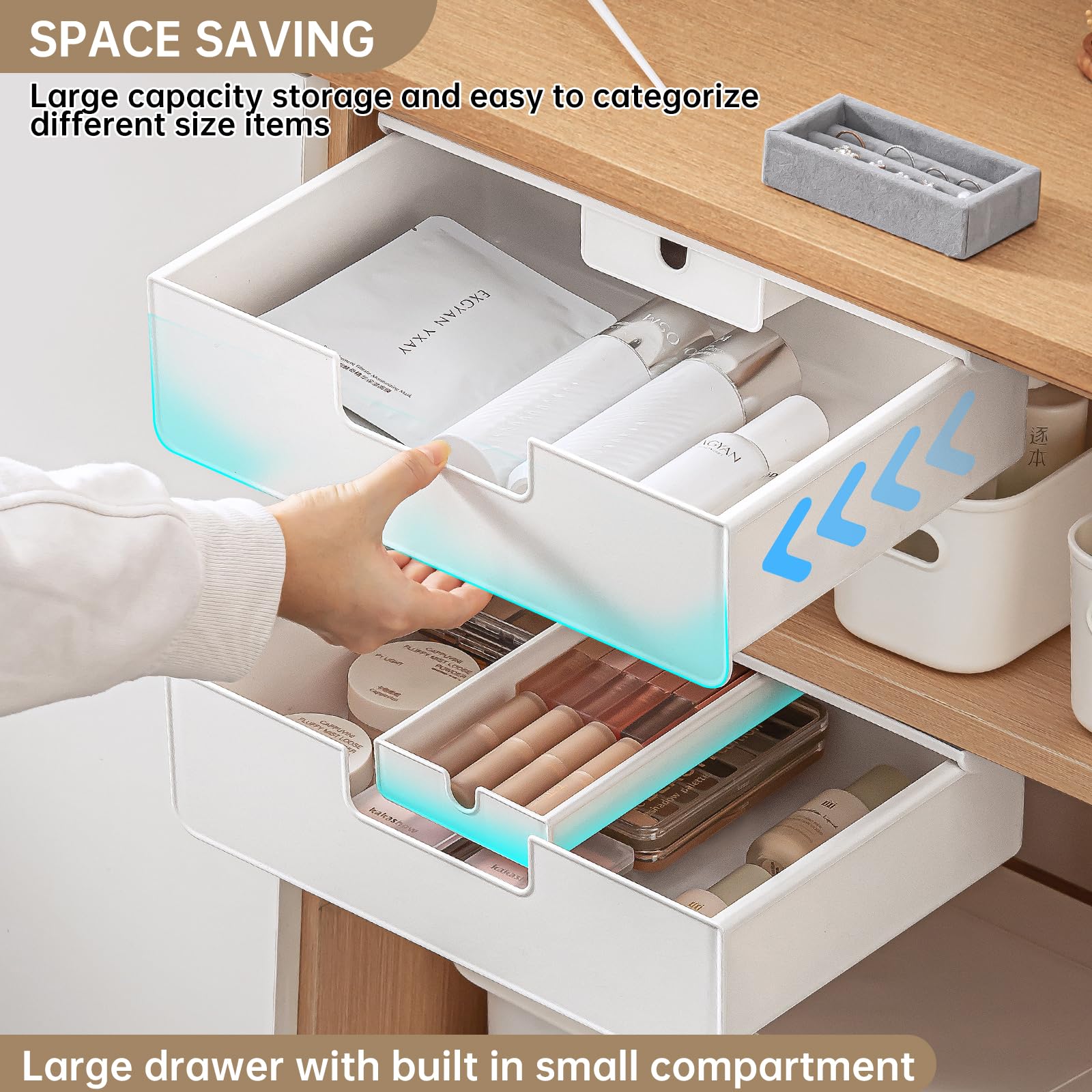 Under Desk Drawer Organizer - Slide Out Hidden Storage Tray with 2 Installation Methods (Screw/Adhesive) - White Space Saving Cabinet Drawer for Office & Home Workspace - Perfect for Storing Stationery, Files & Small Office Supplies