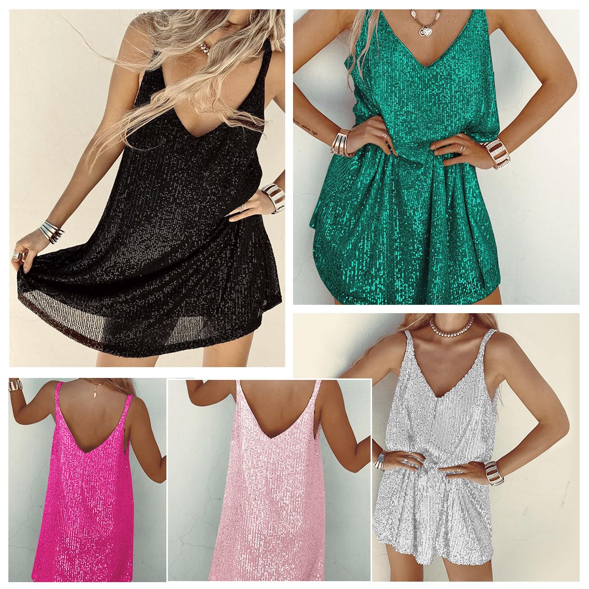 Sexy Elegant Women's Sequin Spaghetti Strap V-Neck Sparkle Shift Dress for Party, Evening, and Special Occasions