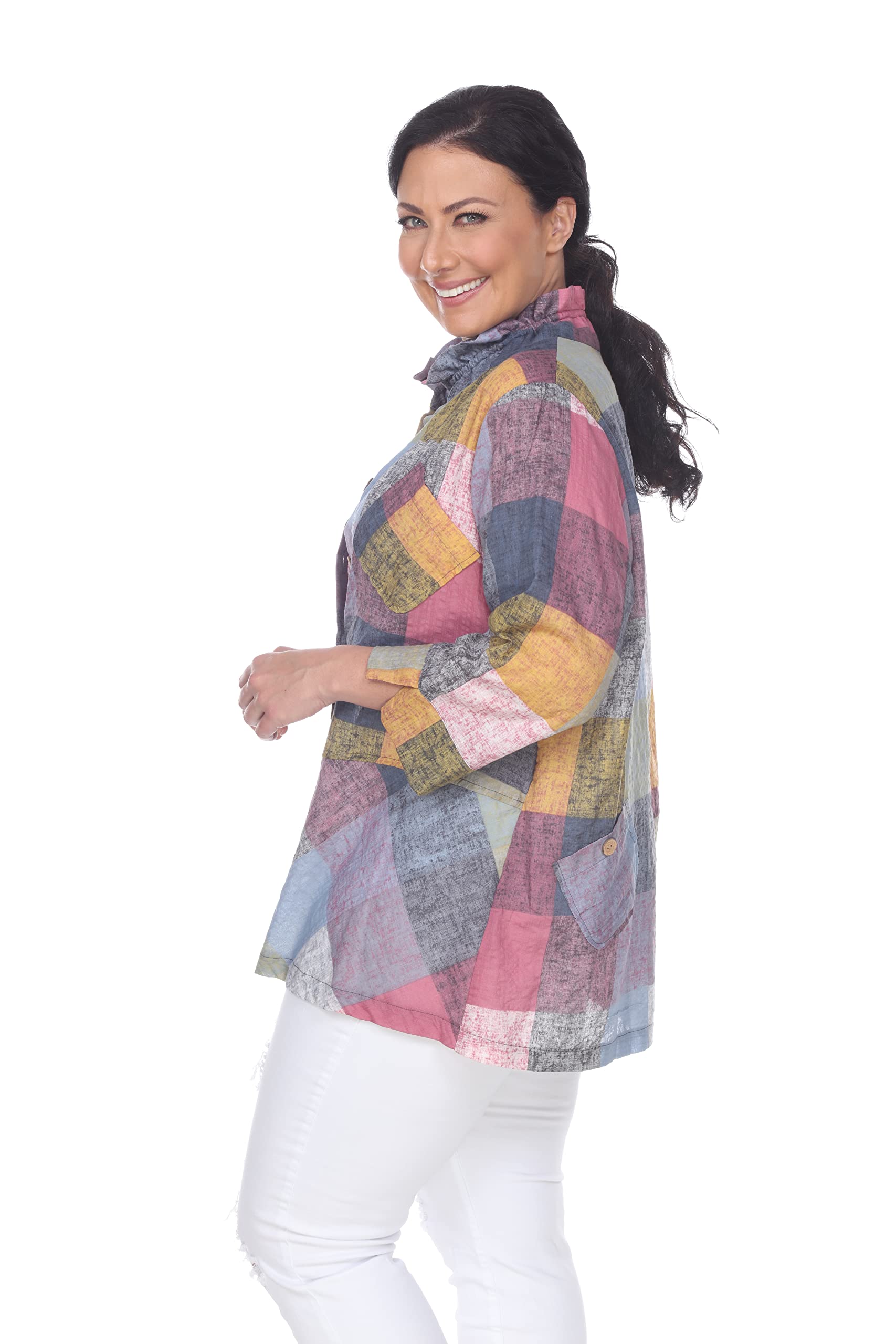Terra-Sj Women's 3/4 Sleeve Convertible Collar Swing Tunic Top - Plus Size Terra Pink & Multicolor - Size F1 - Casual Office Wear & Spring Outfits